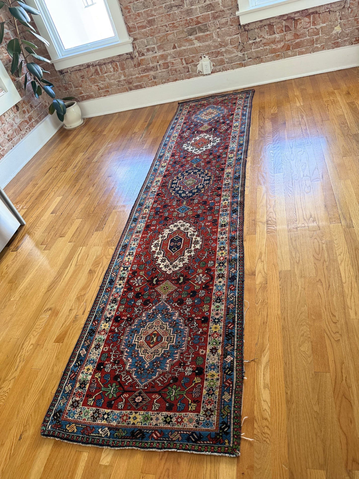 1037 | Face Card Never Declines Antique Karaja Runner in Weaponized Red & Sky Blue | 2.9 x 11.6
