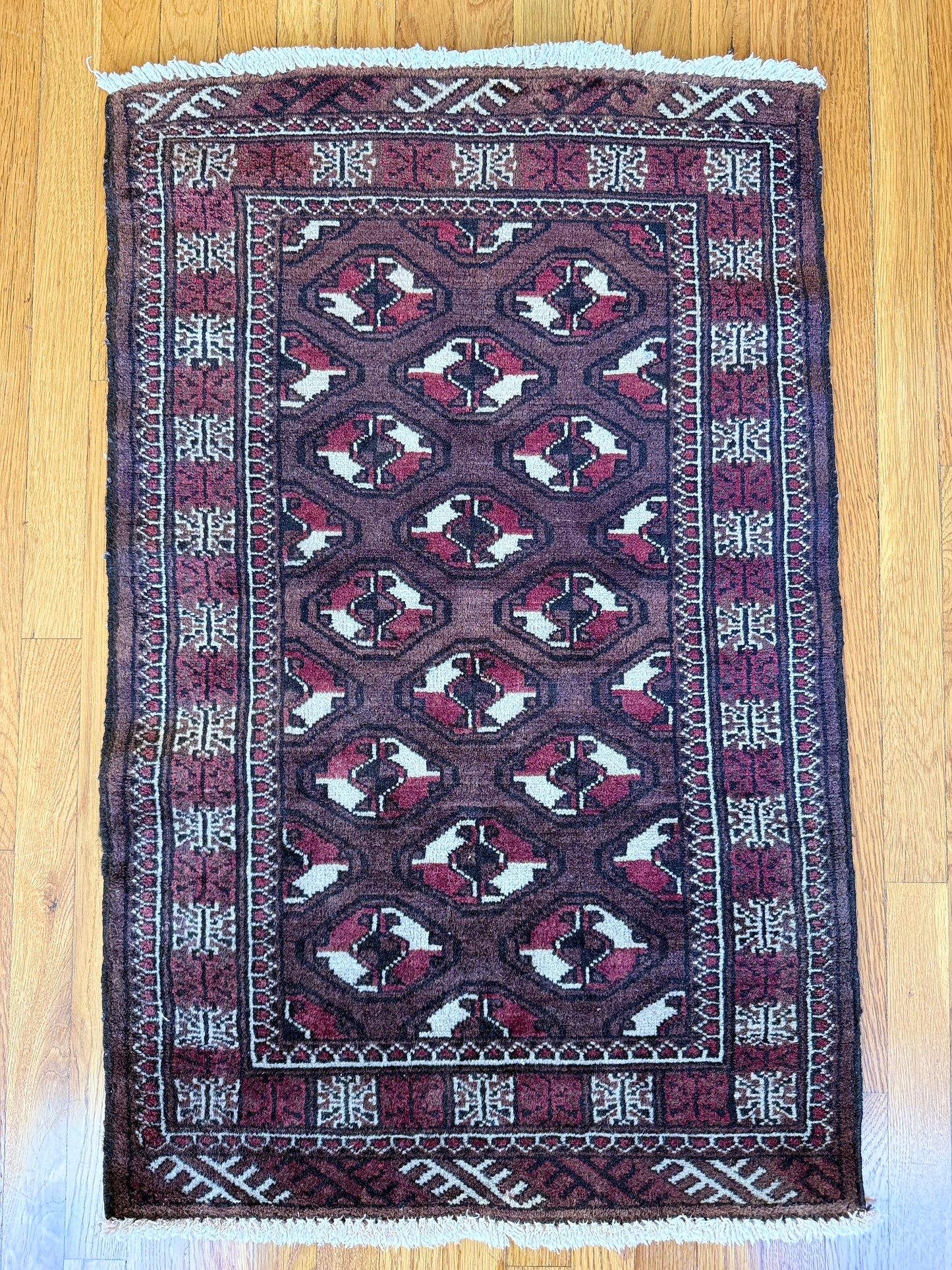 1038 | Moody Little Antique Bokhara with Oxblood Field & Tribal Guls | 2.3 x 3.6