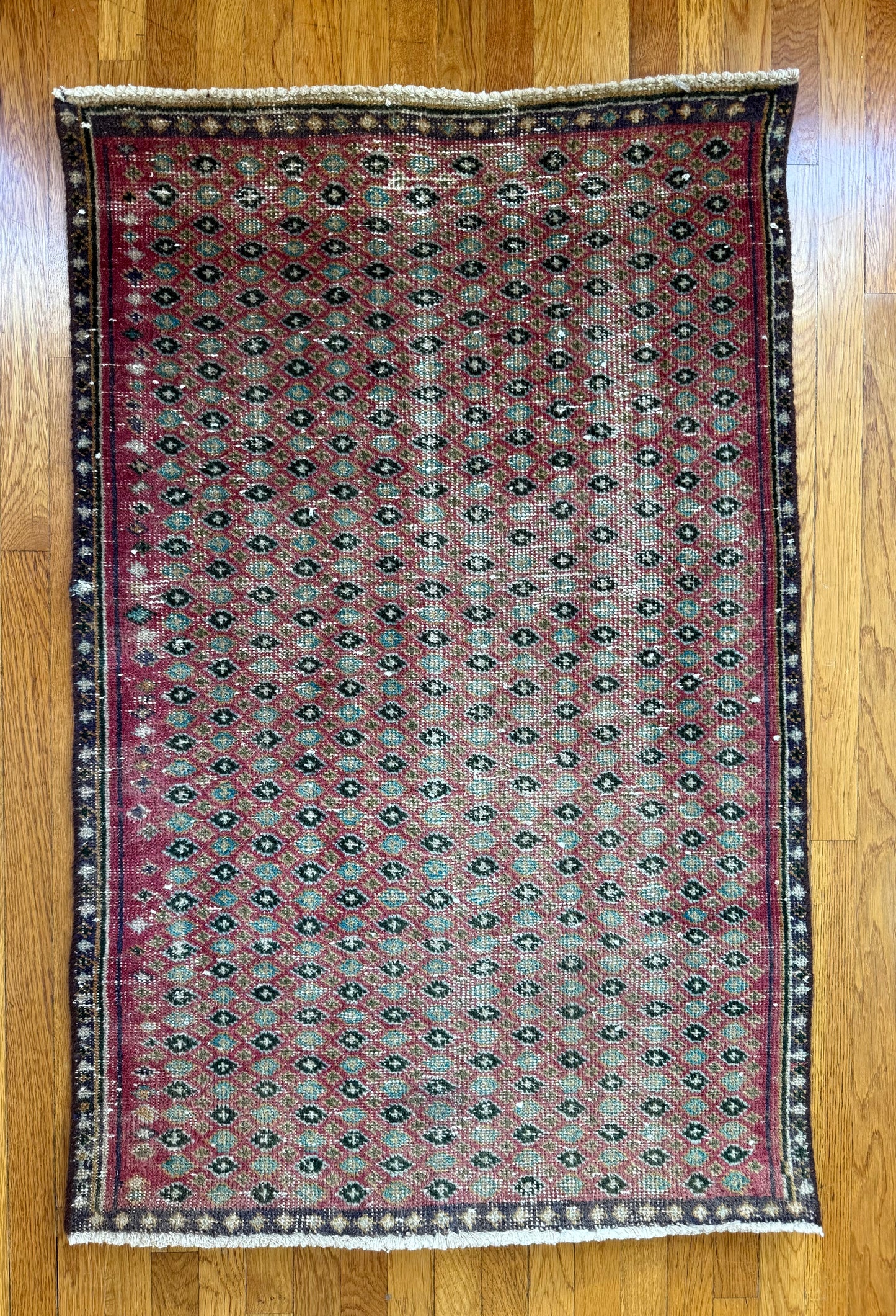 1039 | Chic Antique Senneh-Style Rug with Raspberry Field & Micro Motifs | 2.11 x 4.4