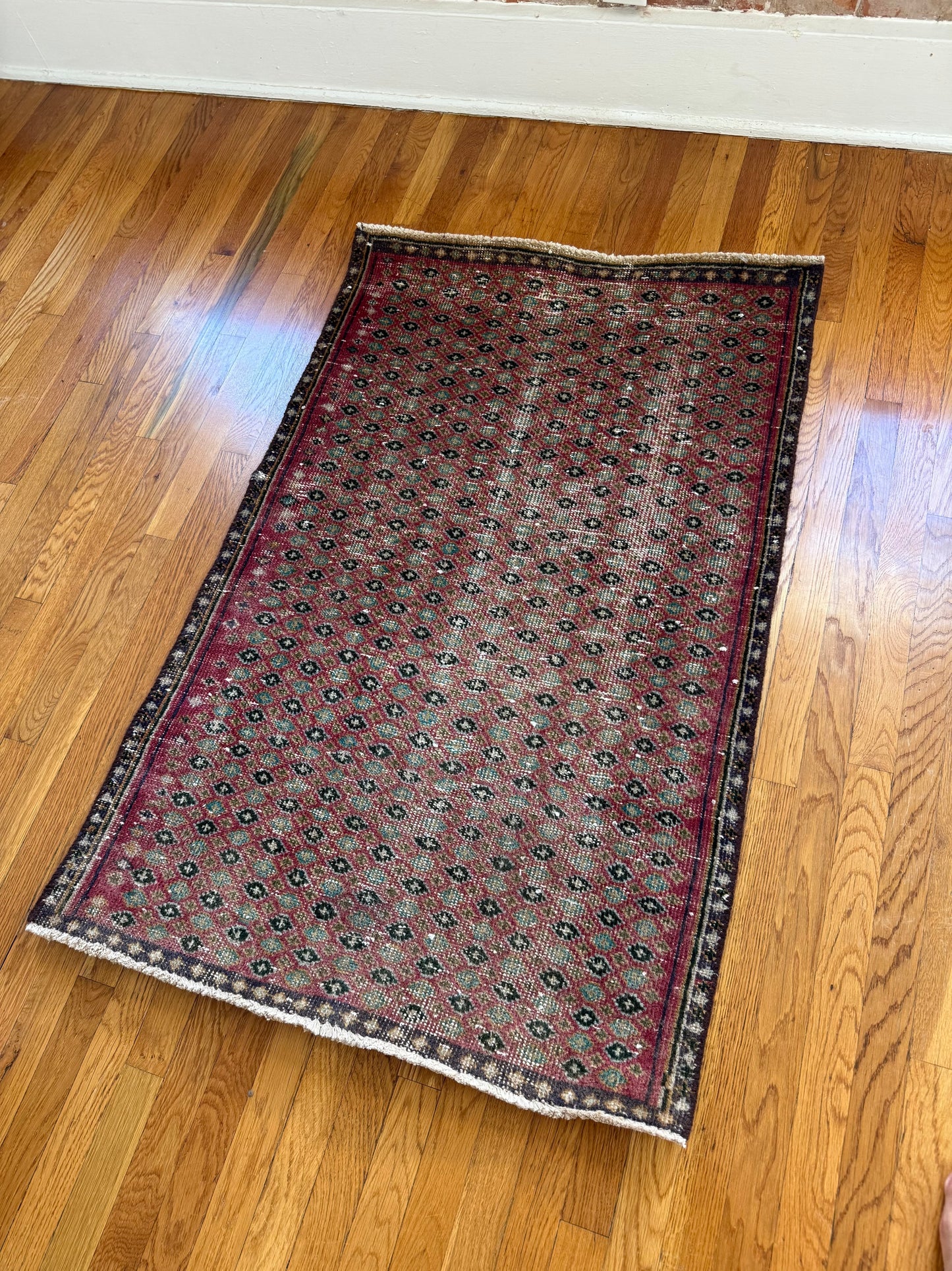 1039 | Chic Antique Senneh-Style Rug with Raspberry Field & Micro Motifs | 2.11 x 4.4