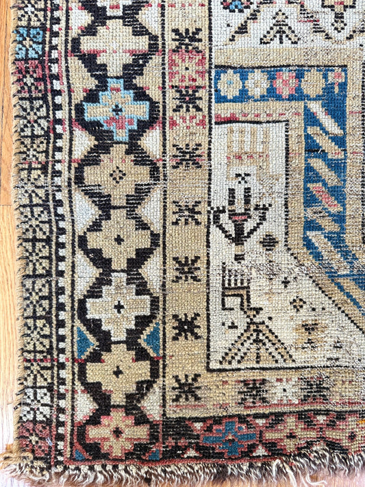 1041 | Quietly Insane Antique Prayer Rug with Tiny Woven Figures, Horses & Soft Desert Blues | 3.1 x 4.4