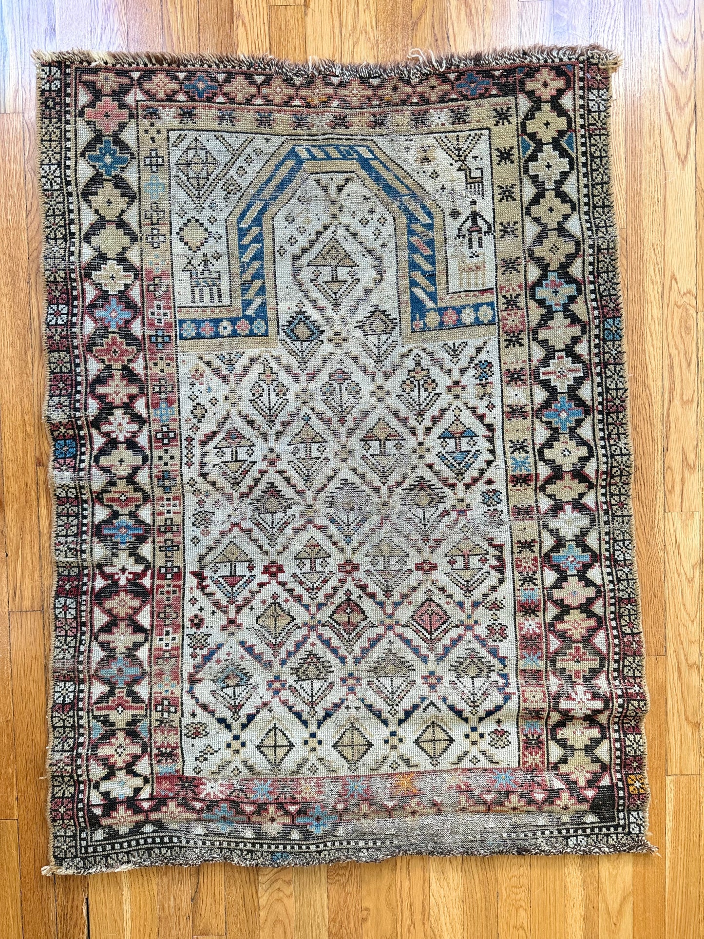 1041 | Quietly Insane Antique Prayer Rug with Tiny Woven Figures, Horses & Soft Desert Blues | 3.1 x 4.4