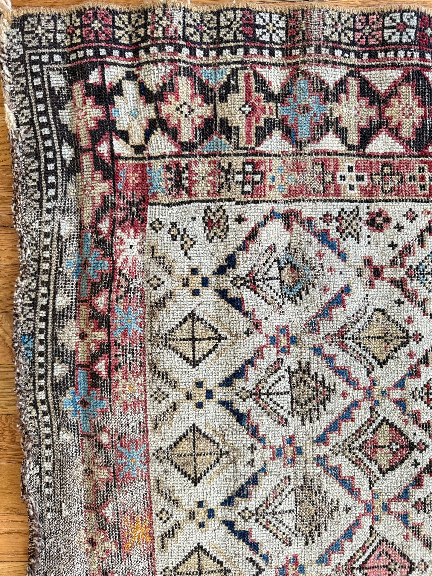 1041 | Quietly Insane Antique Prayer Rug with Tiny Woven Figures, Horses & Soft Desert Blues | 3.1 x 4.4
