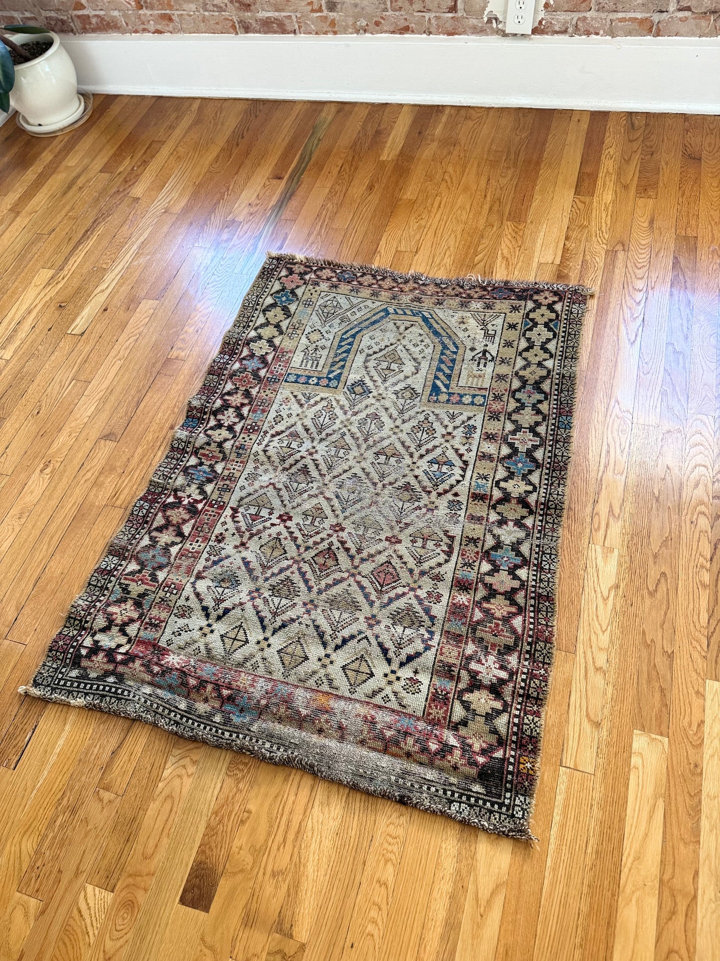 1041 | Quietly Insane Antique Prayer Rug with Tiny Woven Figures, Horses & Soft Desert Blues | 3.1 x 4.4