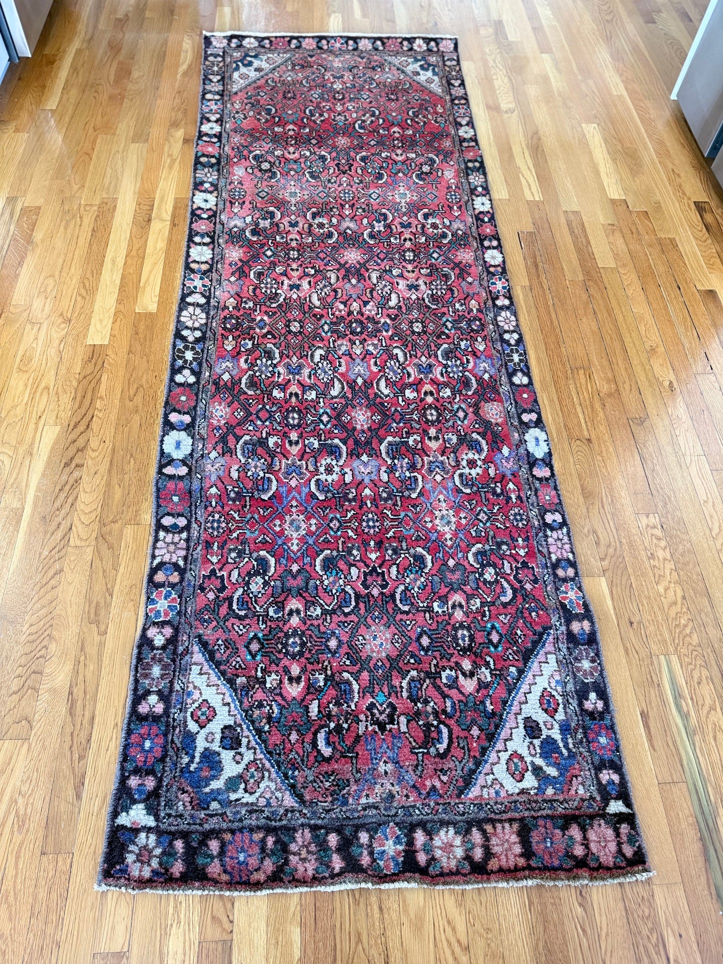 1042 | Wild Antique Runner with Raspberry Field, Inky Border & Powdery Floral Geometry | 3.2 x 9.7