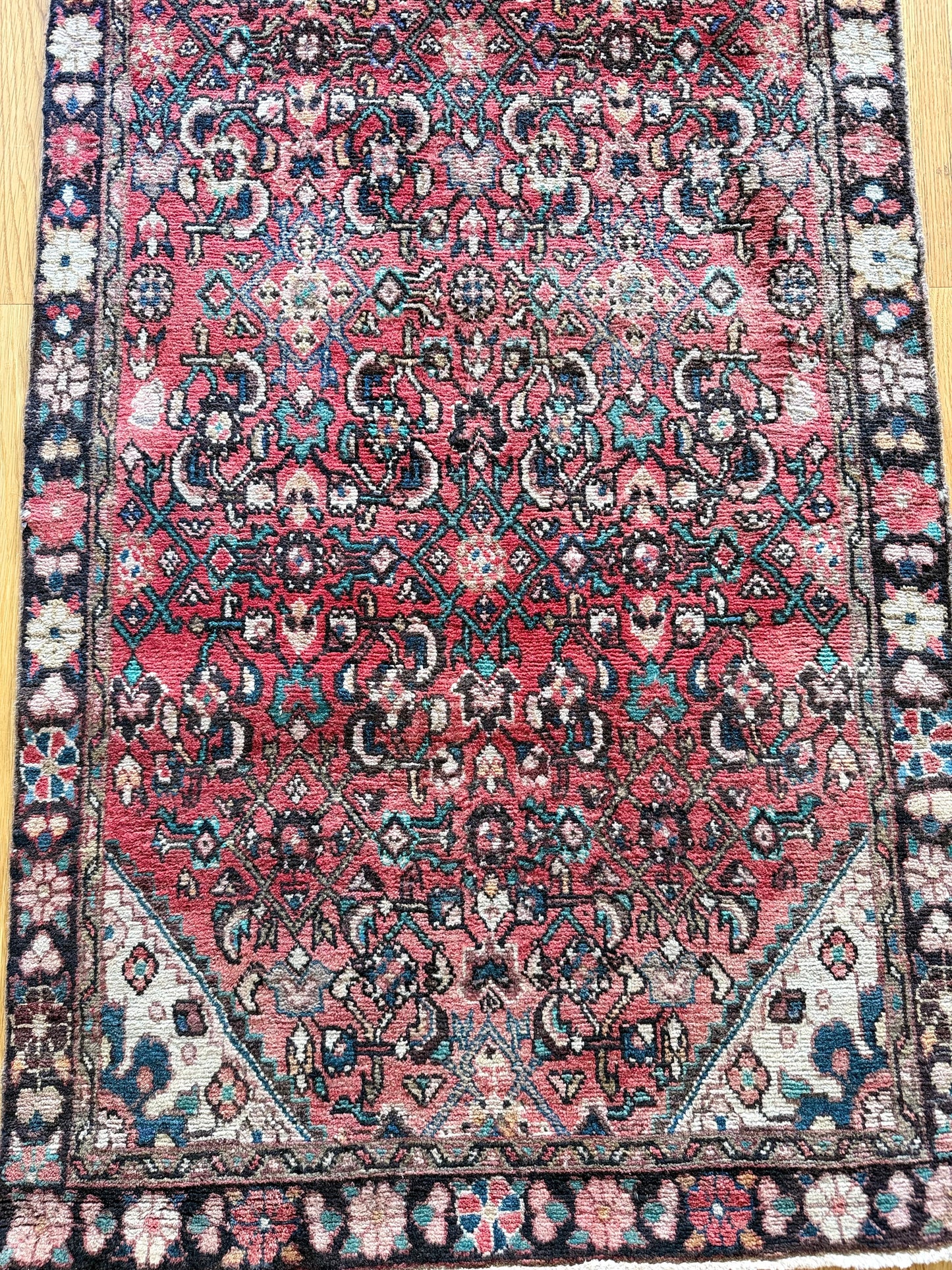 1042 | Wild Antique Runner with Raspberry Field, Inky Border & Powdery Floral Geometry | 3.2 x 9.7