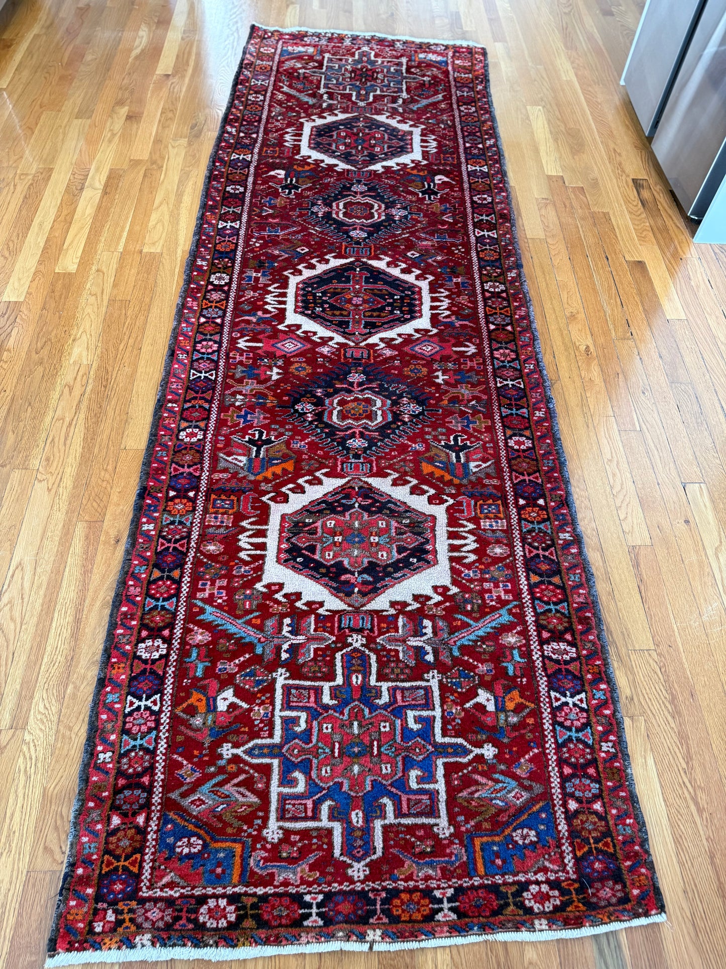 1043 | Brilliant Antique Heriz Runner with Ivory Medallions & Woven Animal Motifs | 3.3 x 10.1