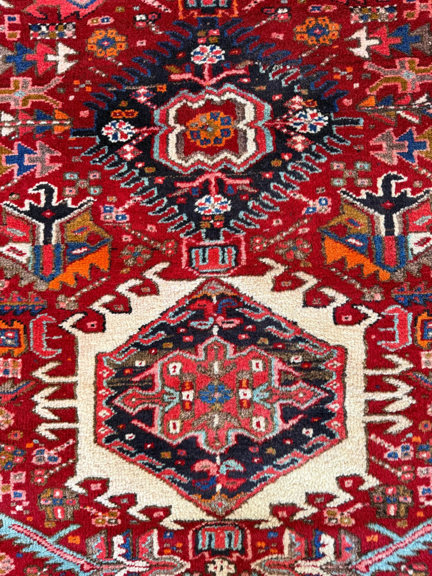 1043 | Brilliant Antique Heriz Runner with Ivory Medallions & Woven Animal Motifs | 3.3 x 10.1