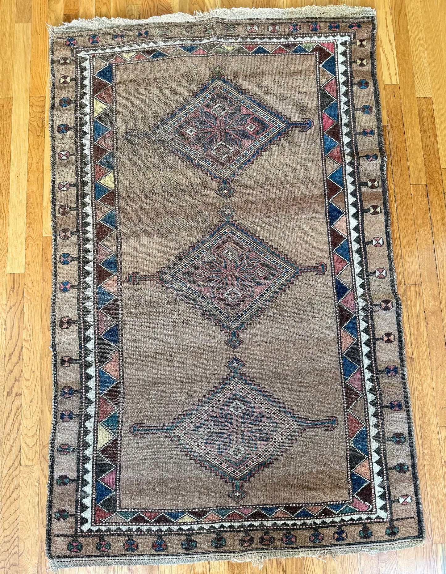 1045 | Dreamy Antique Shiraz Rug with Faded Desert Field & Floating Tribal Medallions | 3.9 x 6.1
