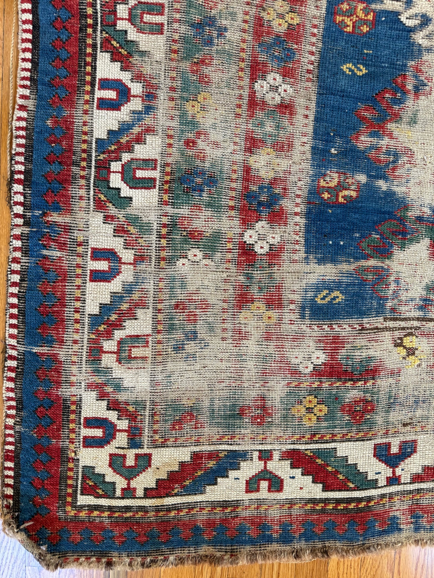1046 | Stupid Beautiful Antique Caucasian Rug with Electric Indigo Field & Battle-Worn Tribal Geometry | 4.4 x 6.5