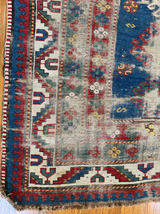 1046 | Stupid Beautiful Antique Caucasian Rug with Electric Indigo Field & Battle-Worn Tribal Geometry | 4.4 x 6.5