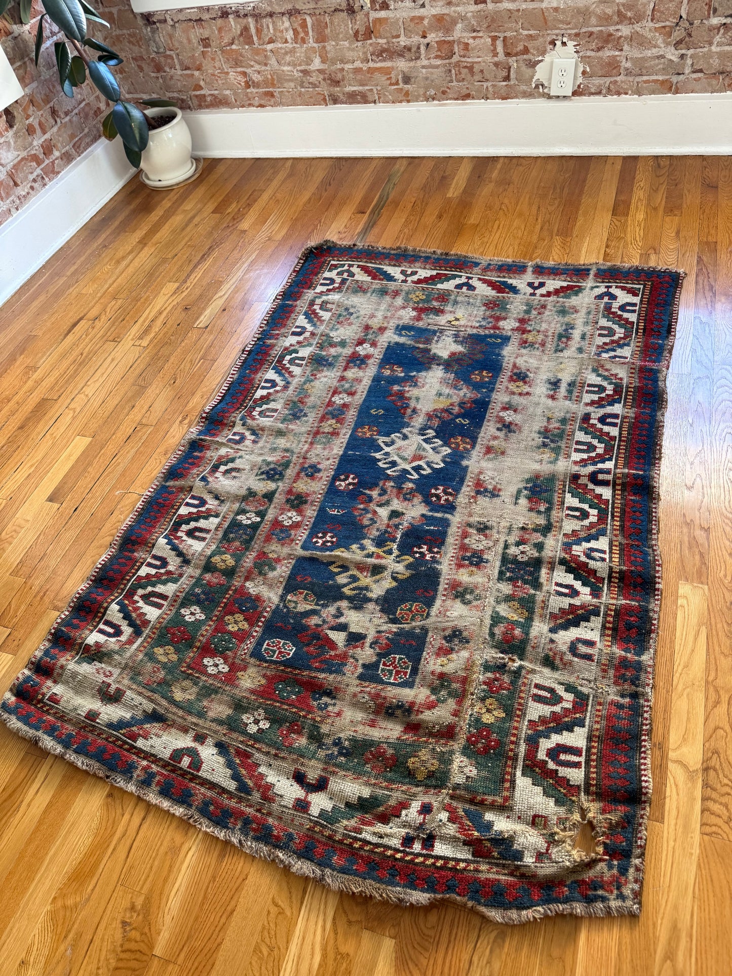 1046 | Stupid Beautiful Antique Caucasian Rug with Electric Indigo Field & Battle-Worn Tribal Geometry | 4.4 x 6.5