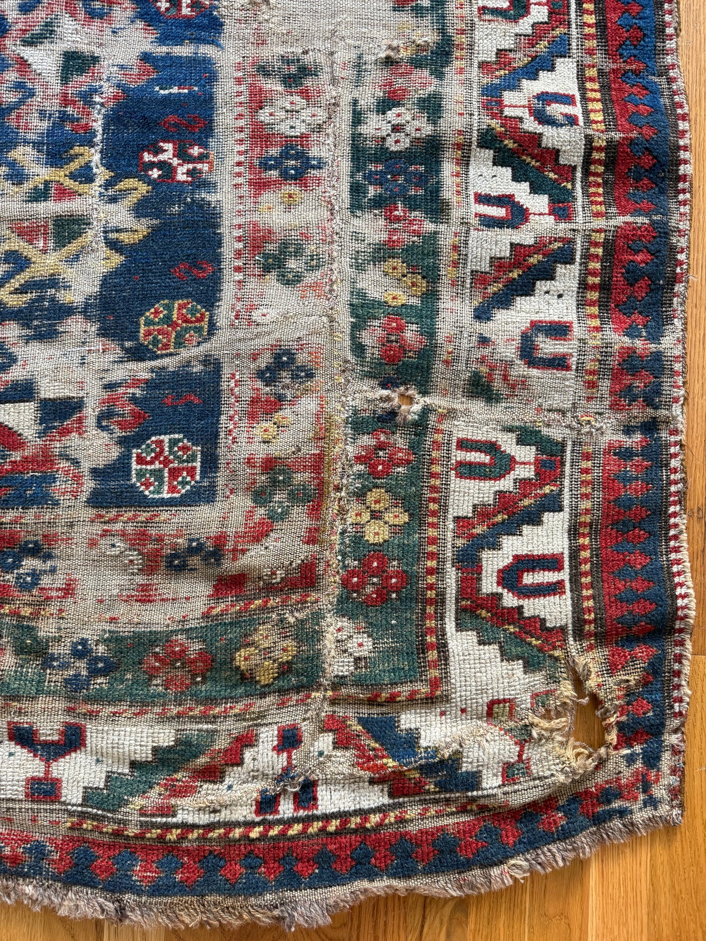 1046 | Stupid Beautiful Antique Caucasian Rug with Electric Indigo Field & Battle-Worn Tribal Geometry | 4.4 x 6.5