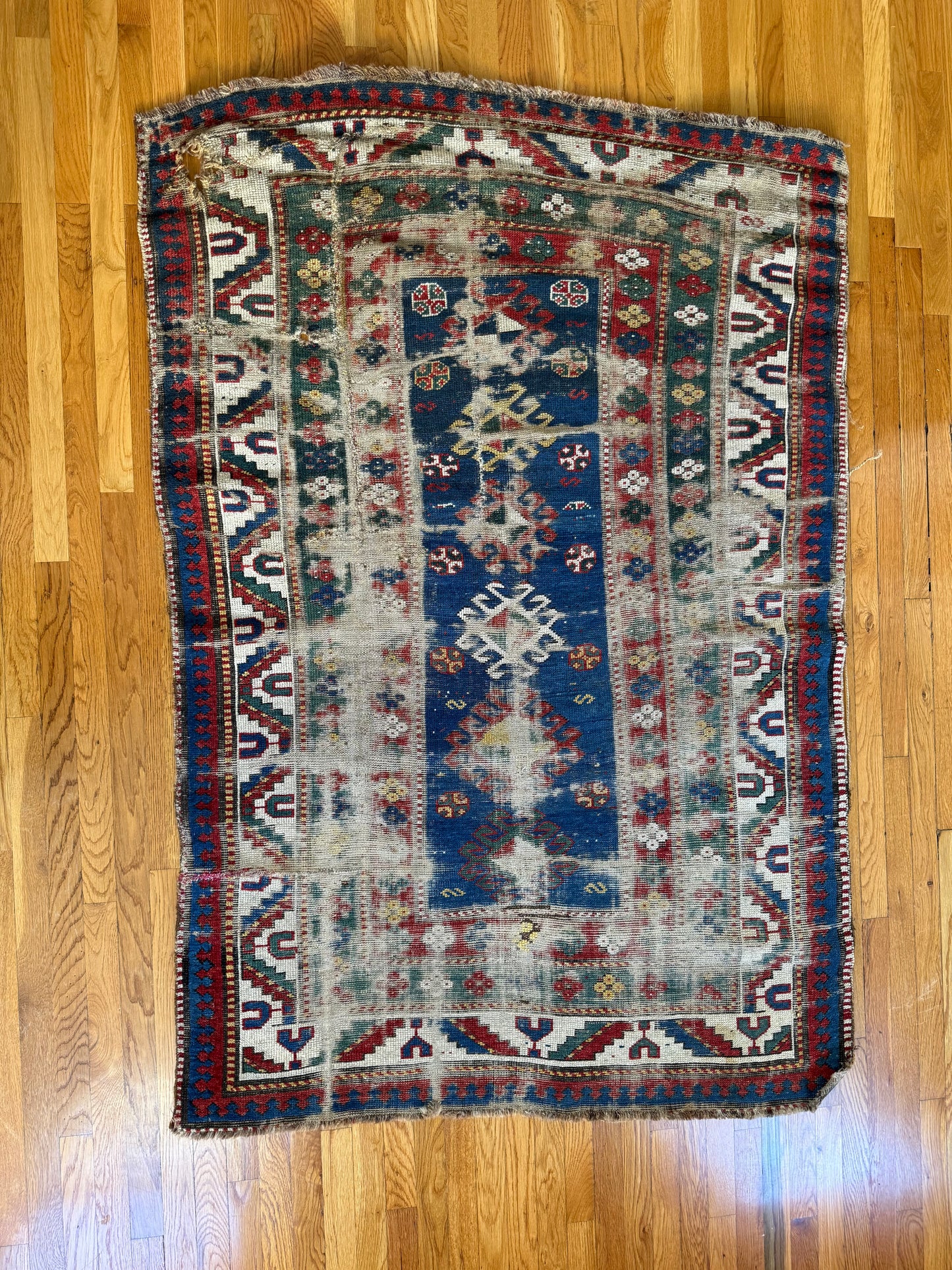 1046 | Stupid Beautiful Antique Caucasian Rug with Electric Indigo Field & Battle-Worn Tribal Geometry | 4.4 x 6.5