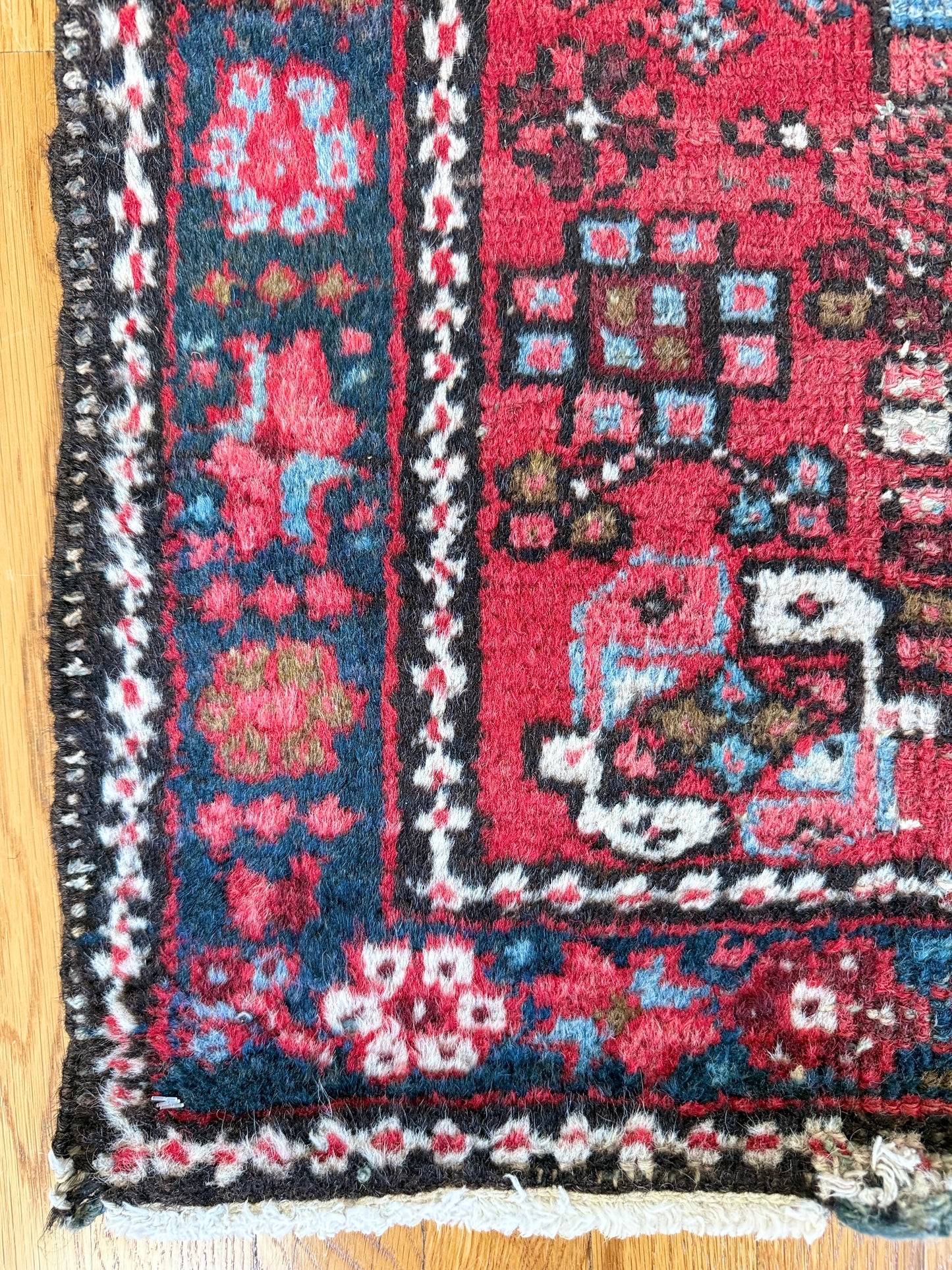 1047 | Hot Raspberry-Red Field, Electric Ice-Blue Geometry Antique Karaja Rug | 3.2 x 4.10