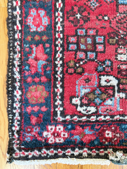 1047 | Hot Raspberry-Red Field, Electric Ice-Blue Geometry Antique Karaja Rug | 3.2 x 4.10