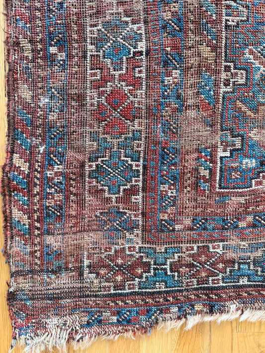 1048 | Absurdly Rare Antique Karaja Rug with Impossible Electric Blue Field & Time-Worn Tribal Geometry | 4.7 x 6.1