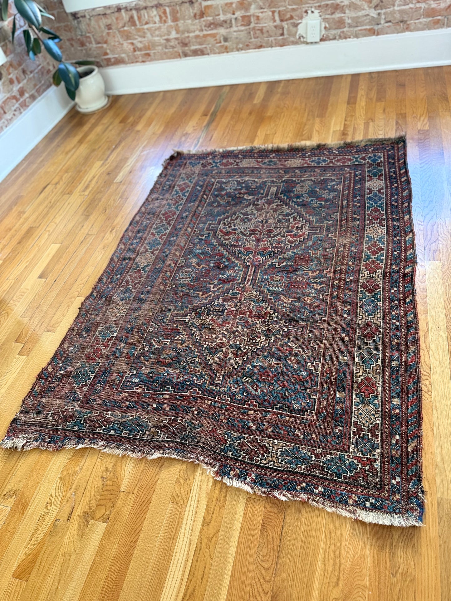 1048 | Absurdly Rare Antique Karaja Rug with Impossible Electric Blue Field & Time-Worn Tribal Geometry | 4.7 x 6.1