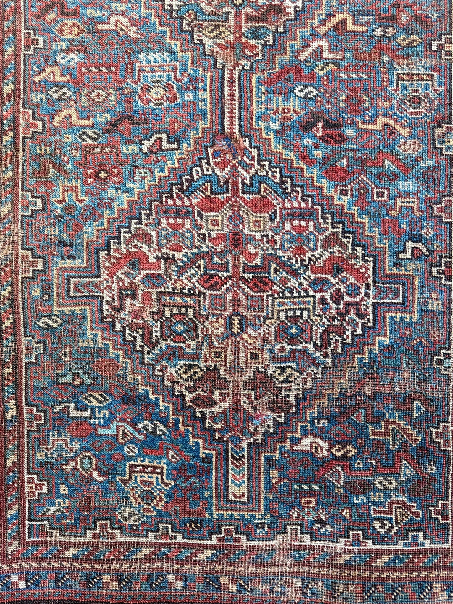 1048 | Absurdly Rare Antique Karaja Rug with Impossible Electric Blue Field & Time-Worn Tribal Geometry | 4.7 x 6.1