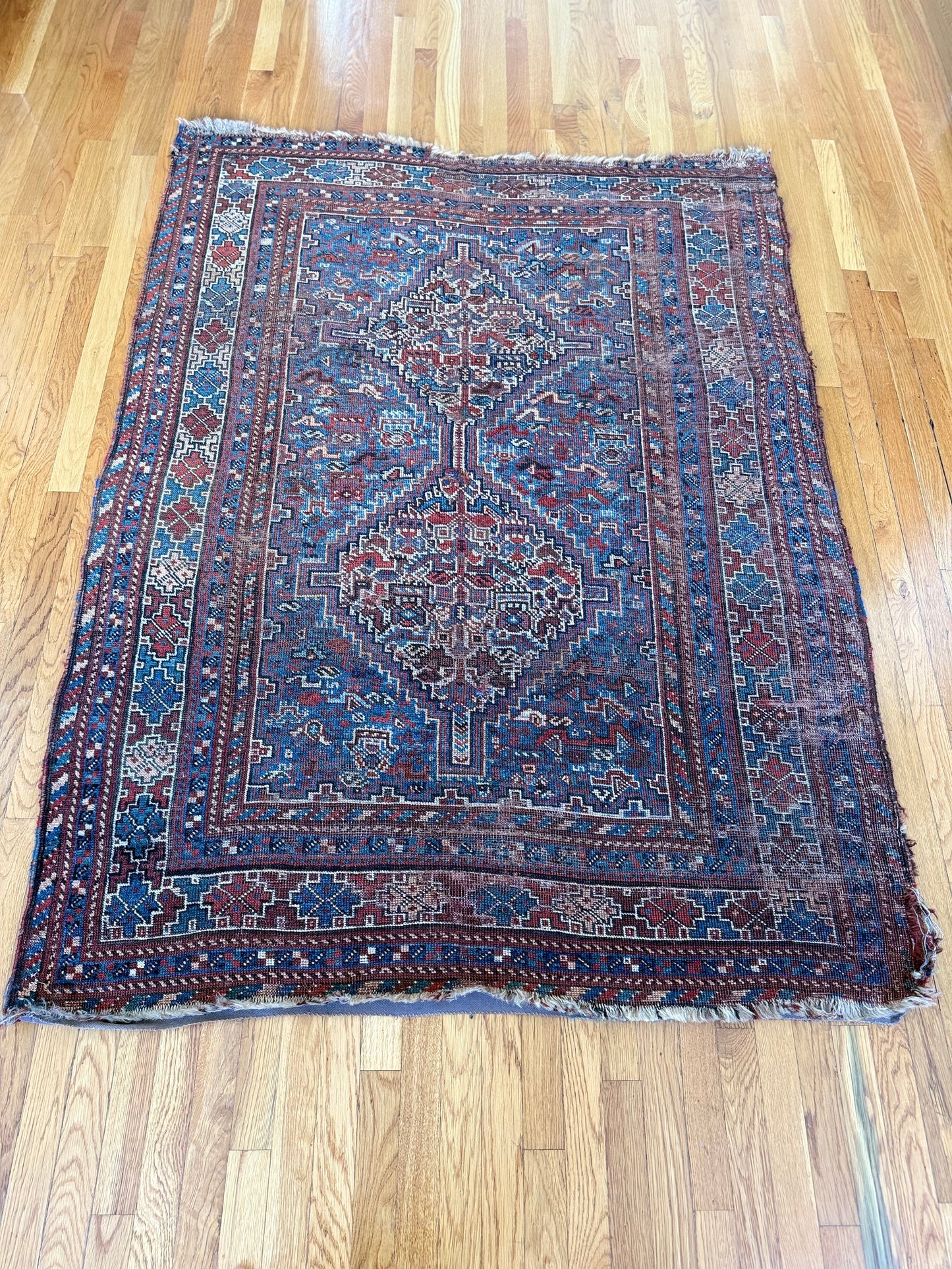 1048 | Absurdly Rare Antique Karaja Rug with Impossible Electric Blue Field & Time-Worn Tribal Geometry | 4.7 x 6.1
