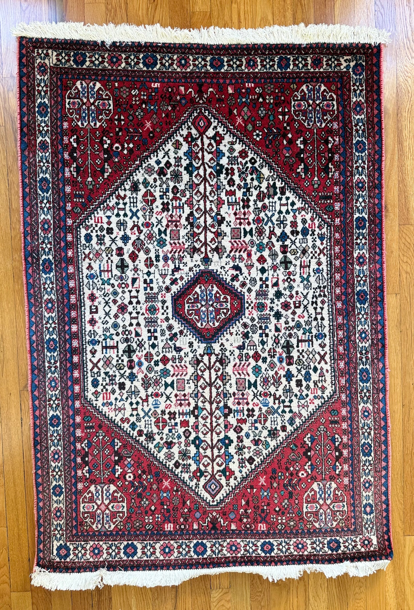 1049 | Beautifully Drawn Antique Shiraz Rug with Ivory Pictorial Field & Rich Raspberry Borders | 3.4 x 4.10
