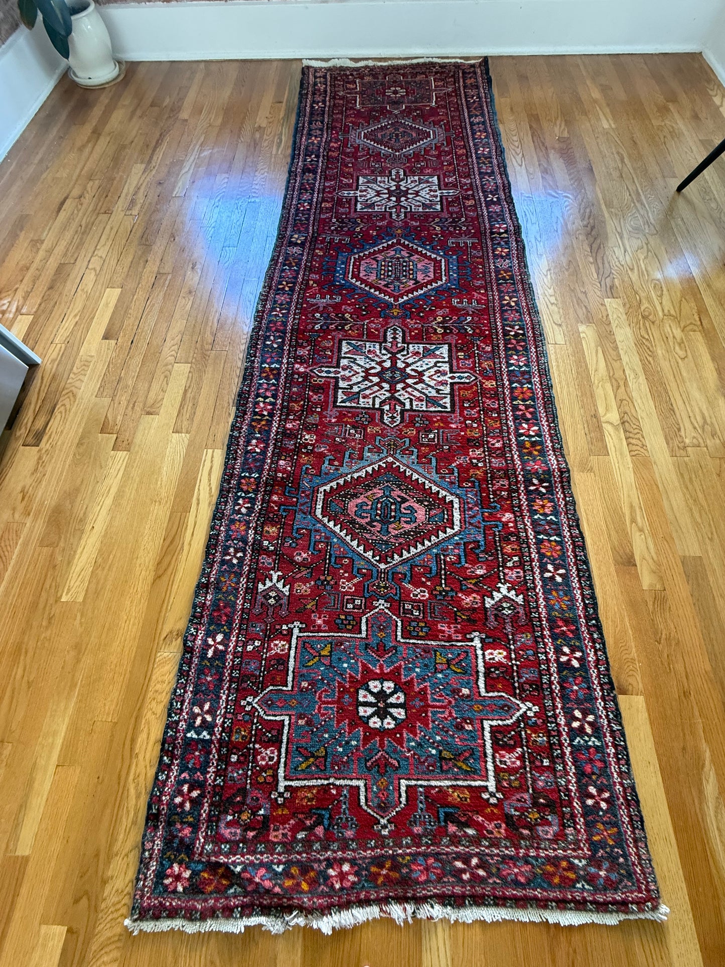 1050 | Knockout Antique Karaja Runner with Raspberry Field &amp; Ice-Blue Medallions | 3.3 x 11.1
