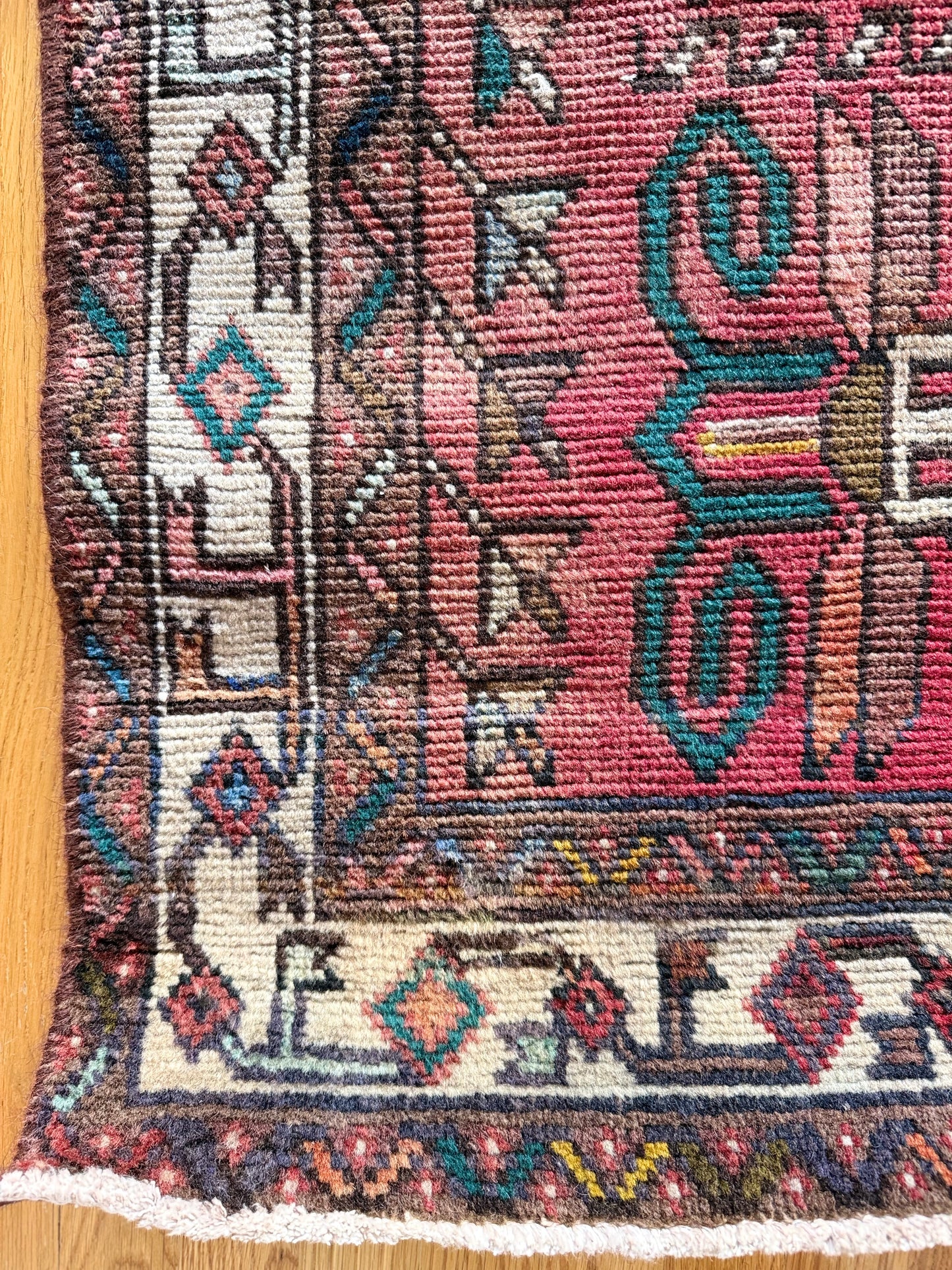 1051 | Wild Pink Field Antique Hamadan Runner with Ivory Border & Teal Tribal Botanicals | 3.3 x 12.3