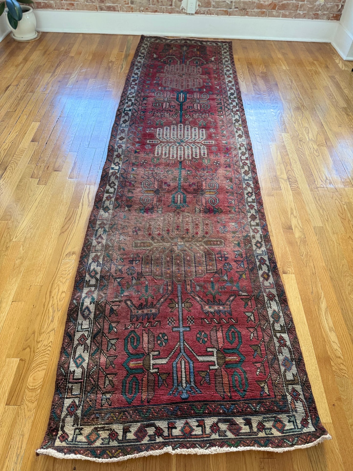 1051 | Wild Pink Field Antique Hamadan Runner with Ivory Border & Teal Tribal Botanicals | 3.3 x 12.3