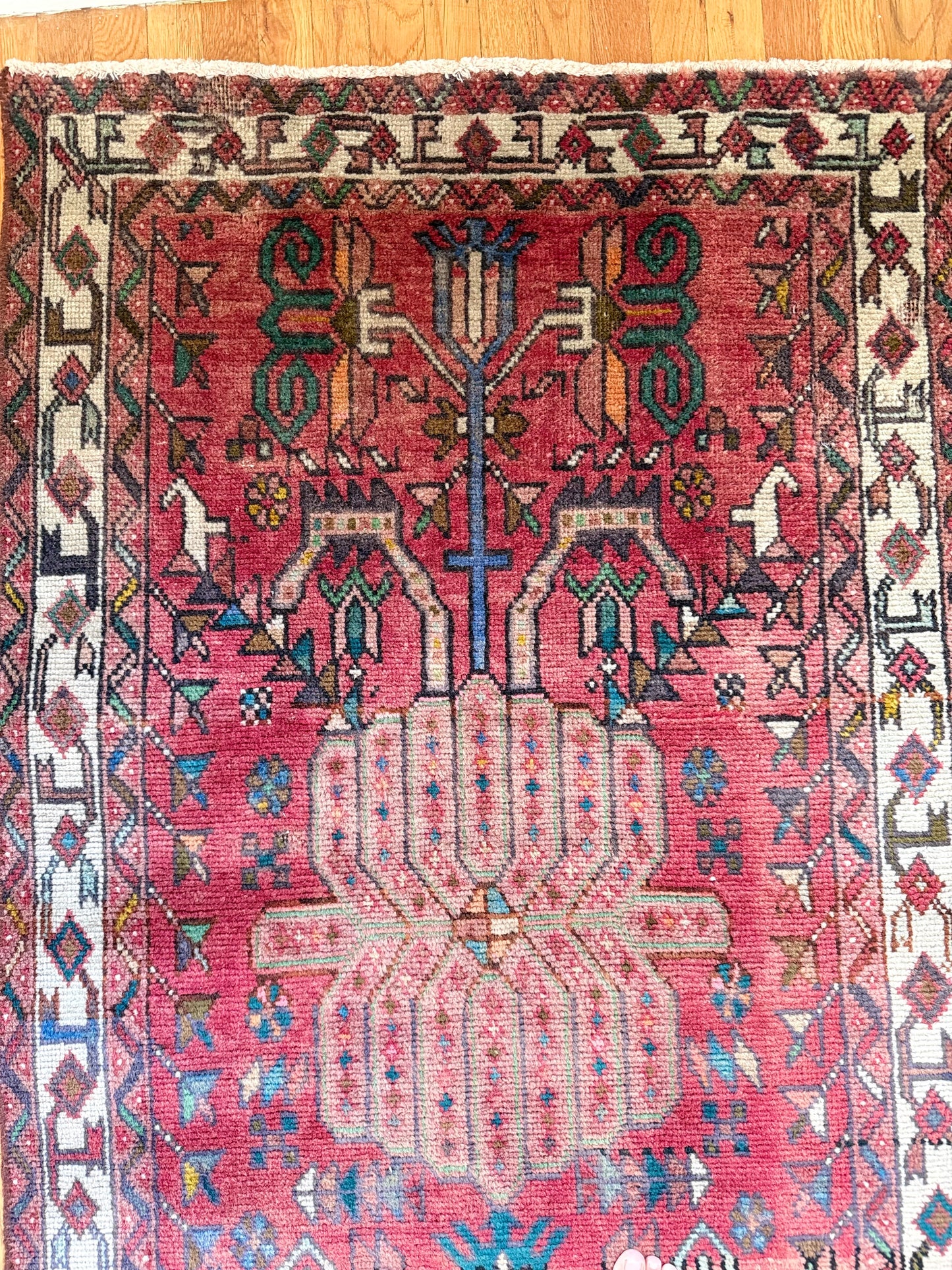 1051 | Wild Pink Field Antique Hamadan Runner with Ivory Border & Teal Tribal Botanicals | 3.3 x 12.3