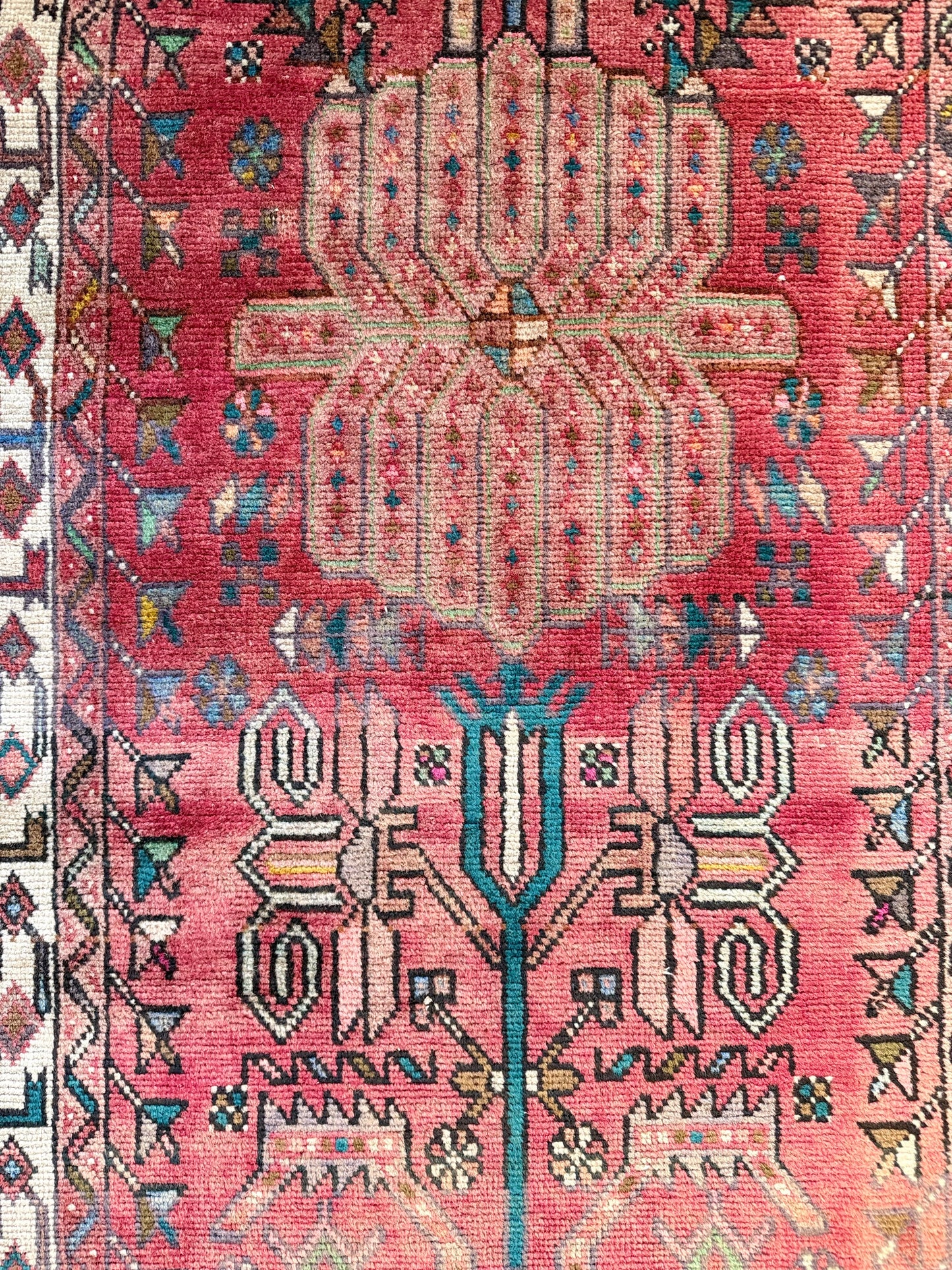 1051 | Wild Pink Field Antique Hamadan Runner with Ivory Border & Teal Tribal Botanicals | 3.3 x 12.3