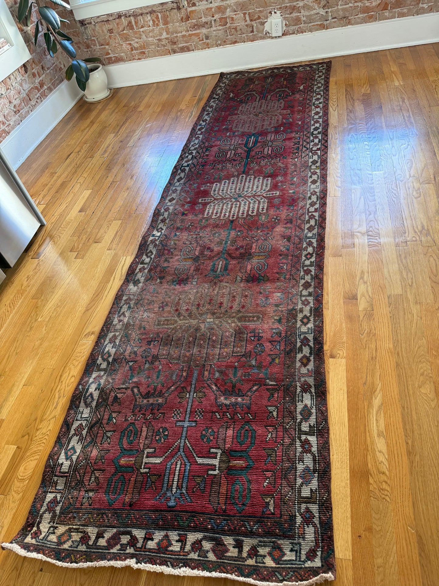 1051 | Wild Pink Field Antique Hamadan Runner with Ivory Border & Teal Tribal Botanicals | 3.3 x 12.3