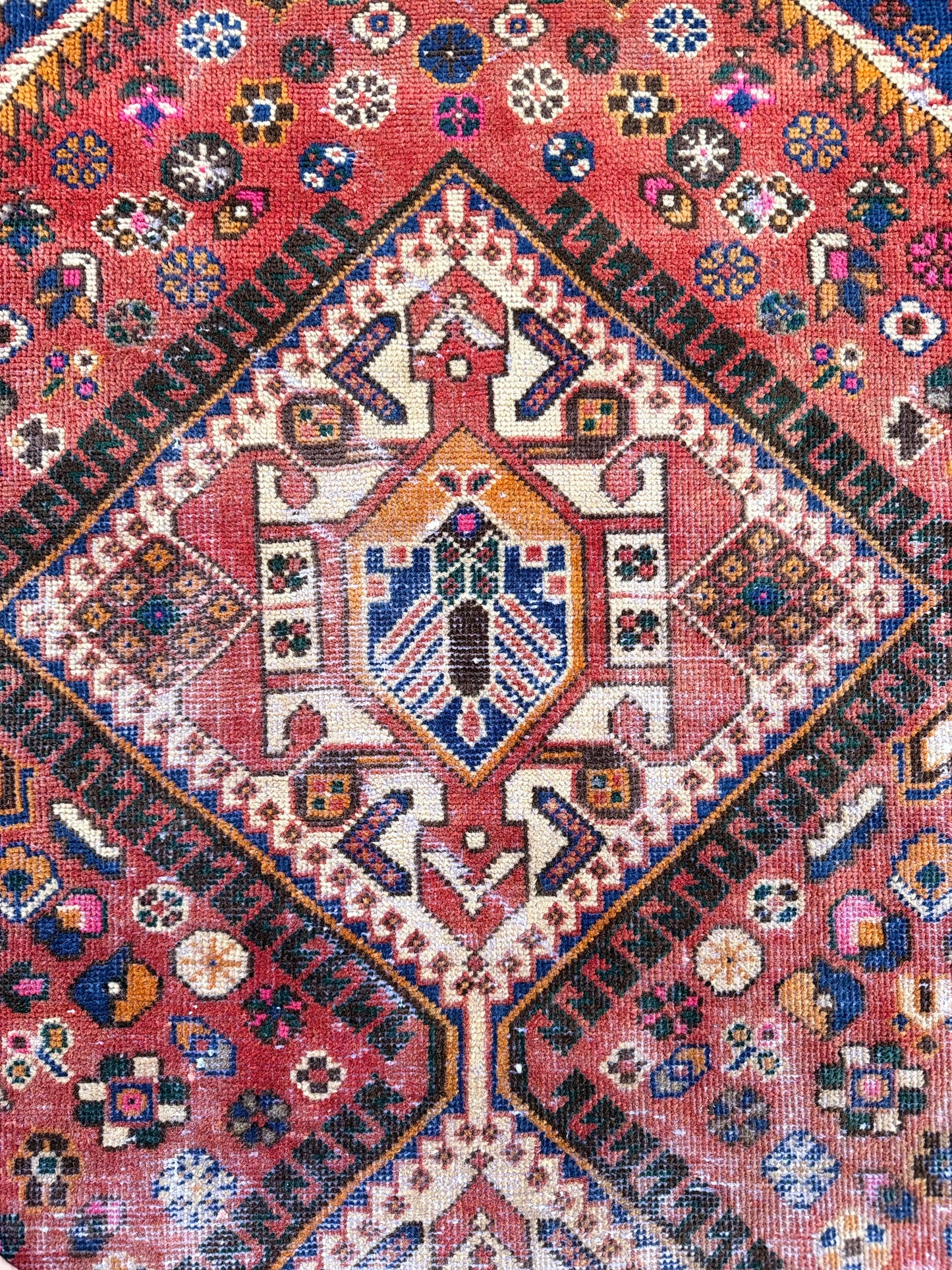 1054 | Pink Noise Antique Karaja Runner with Cobalt Corners & Wild Ivory Medallions | 4.9 x 9.6