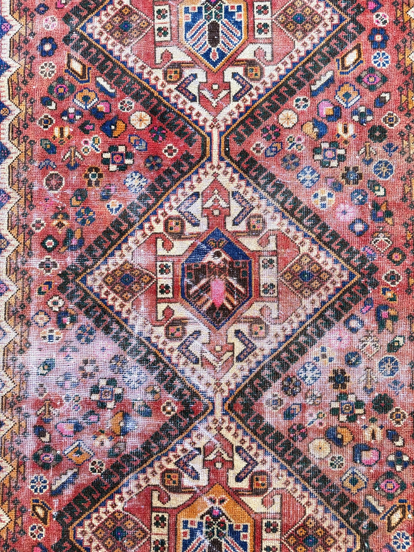 1054 | Pink Noise Antique Karaja Runner with Cobalt Corners & Wild Ivory Medallions | 4.9 x 9.6