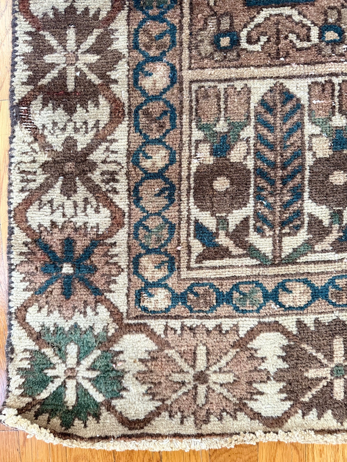 1055 | Low-Key Stunner Antique Garden Rug with Espresso, Ink Blue & Faded Blush Panels | 4.8 x 9.3