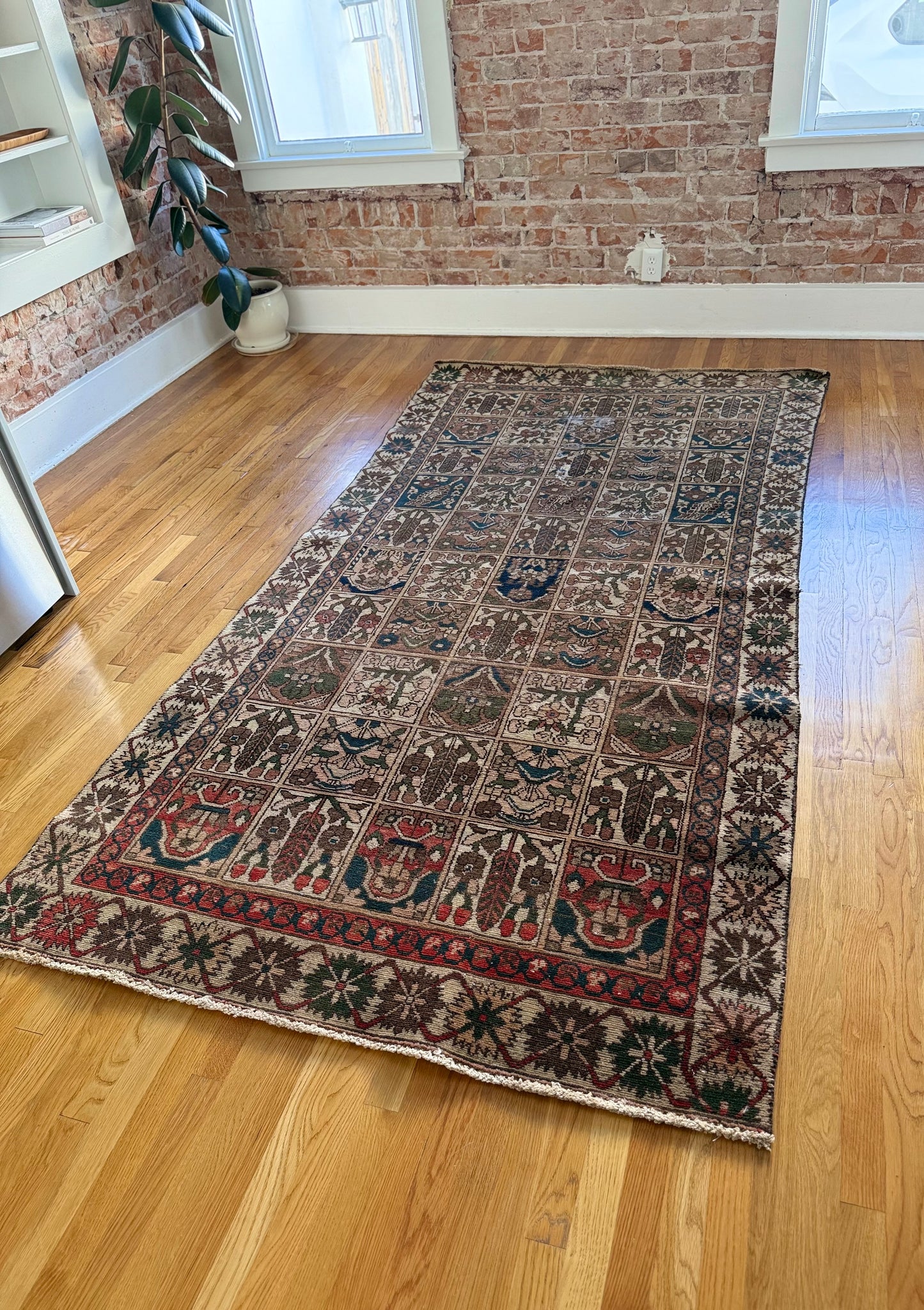 1055 | Low-Key Stunner Antique Garden Rug with Espresso, Ink Blue & Faded Blush Panels | 4.8 x 9.3