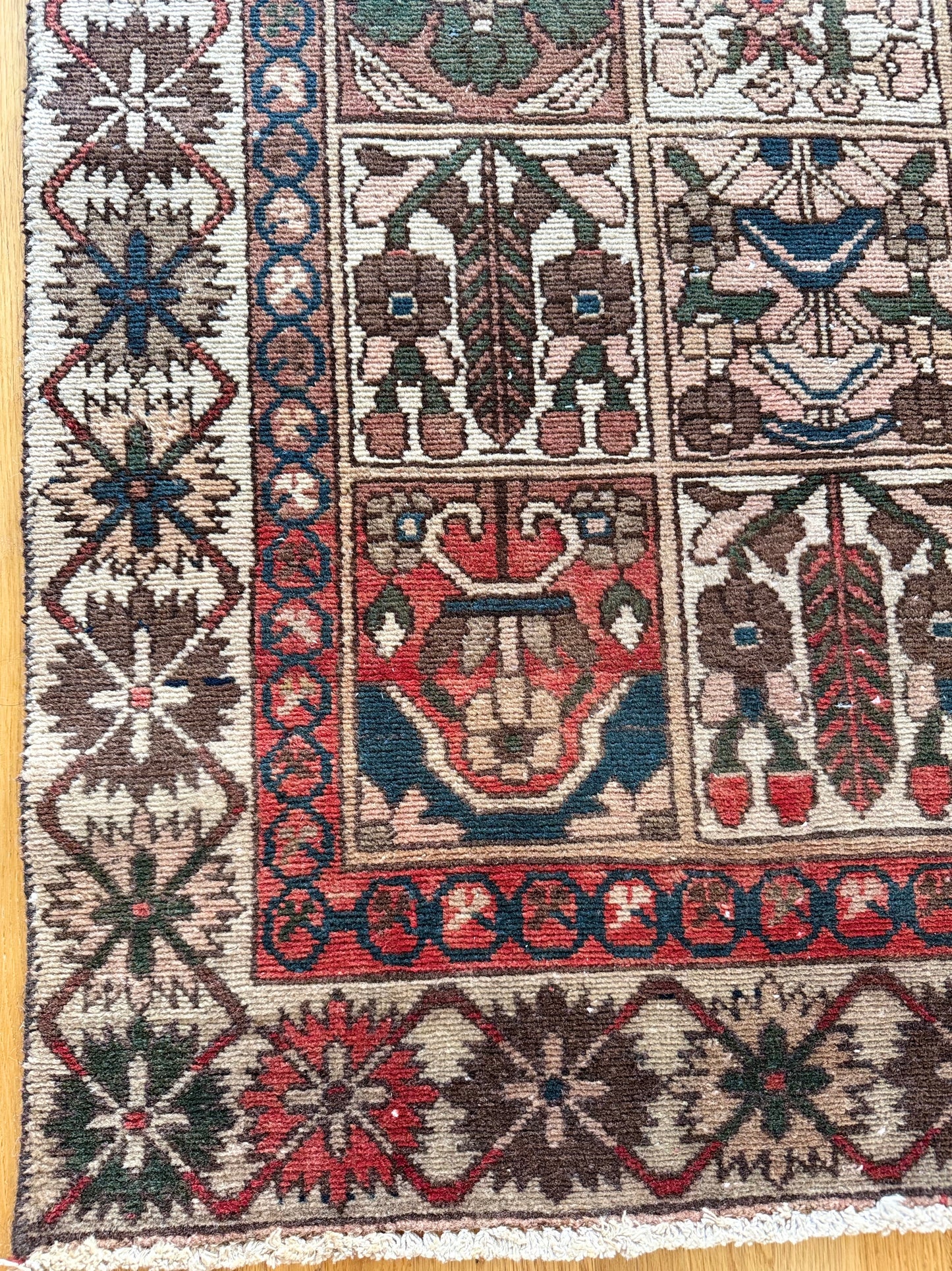 1055 | Low-Key Stunner Antique Garden Rug with Espresso, Ink Blue & Faded Blush Panels | 4.8 x 9.3