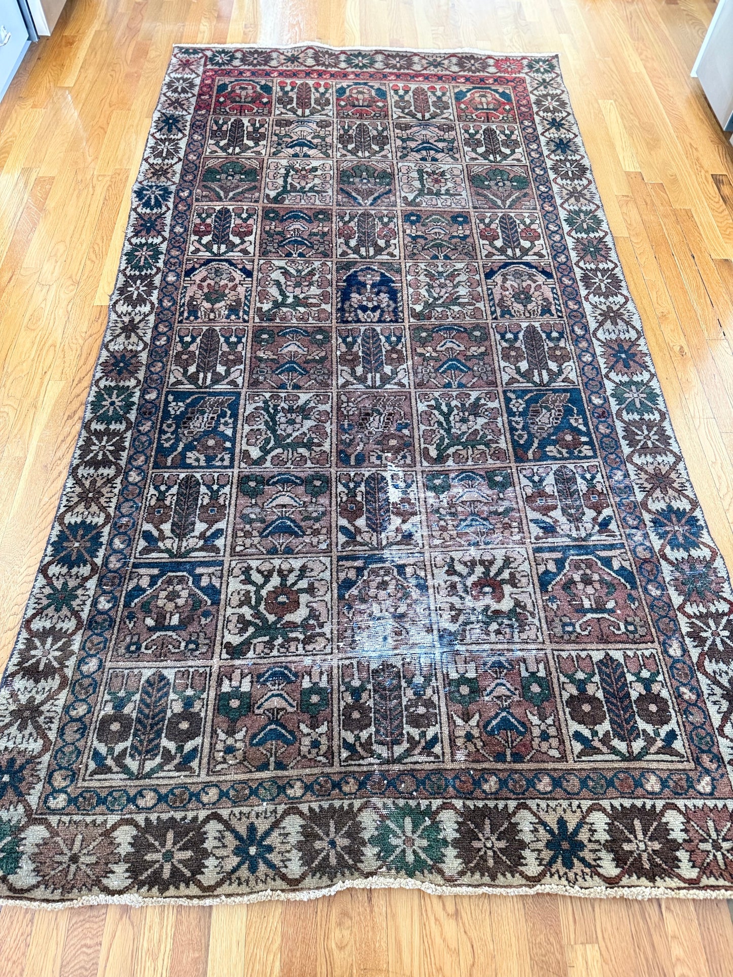1055 | Low-Key Stunner Antique Garden Rug with Espresso, Ink Blue & Faded Blush Panels | 4.8 x 9.3