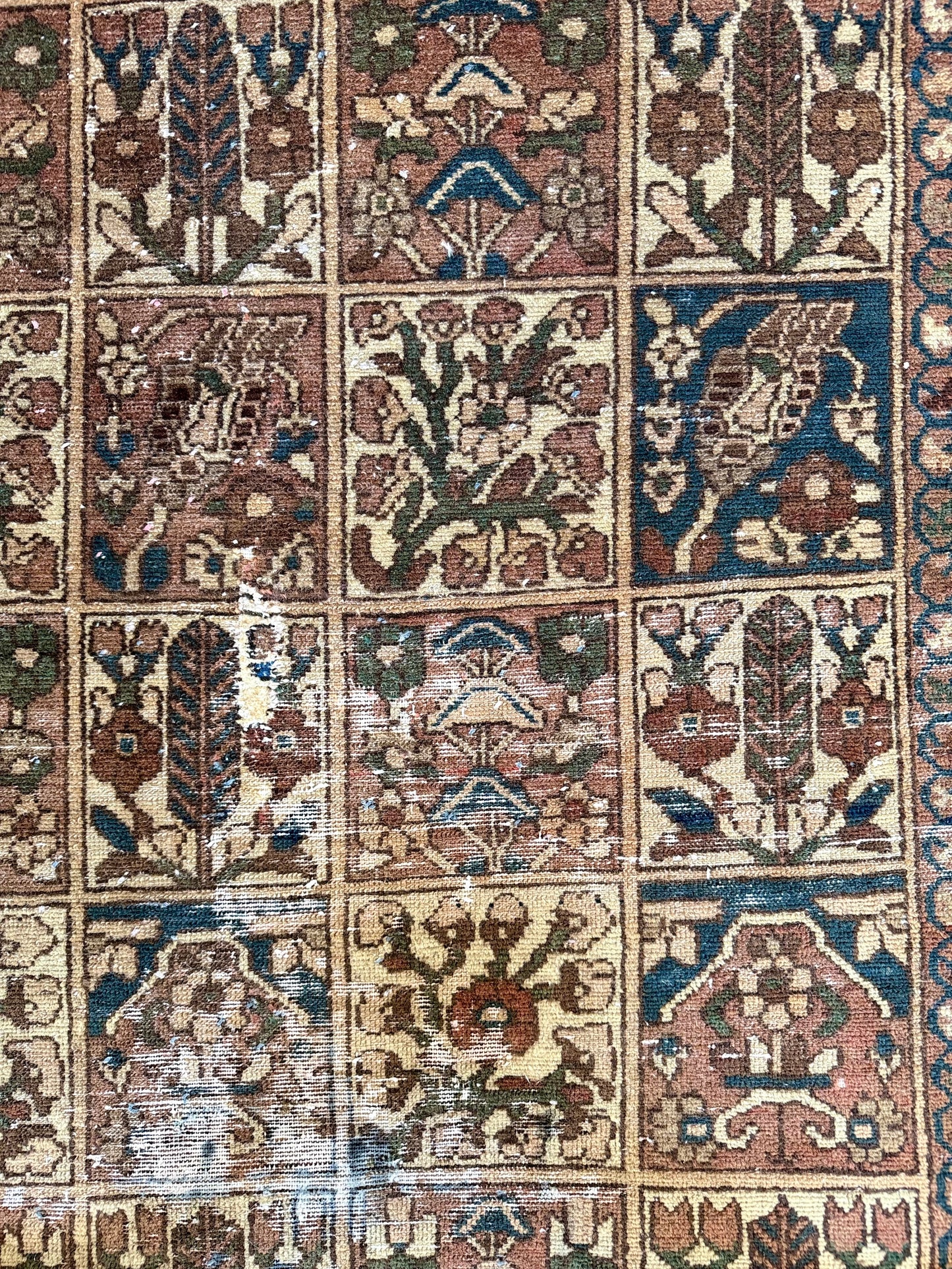 1055 | Low-Key Stunner Antique Garden Rug with Espresso, Ink Blue & Faded Blush Panels | 4.8 x 9.3