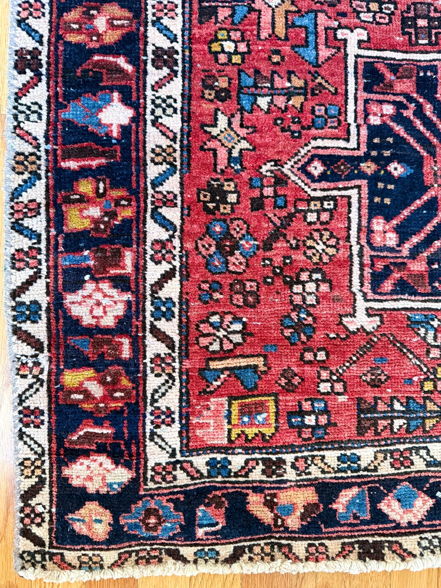 1056 | Heartbreaker Antique Karaja Runner with Sapphire Medallions & Lipstick Red Field | 3.9 x 11.1