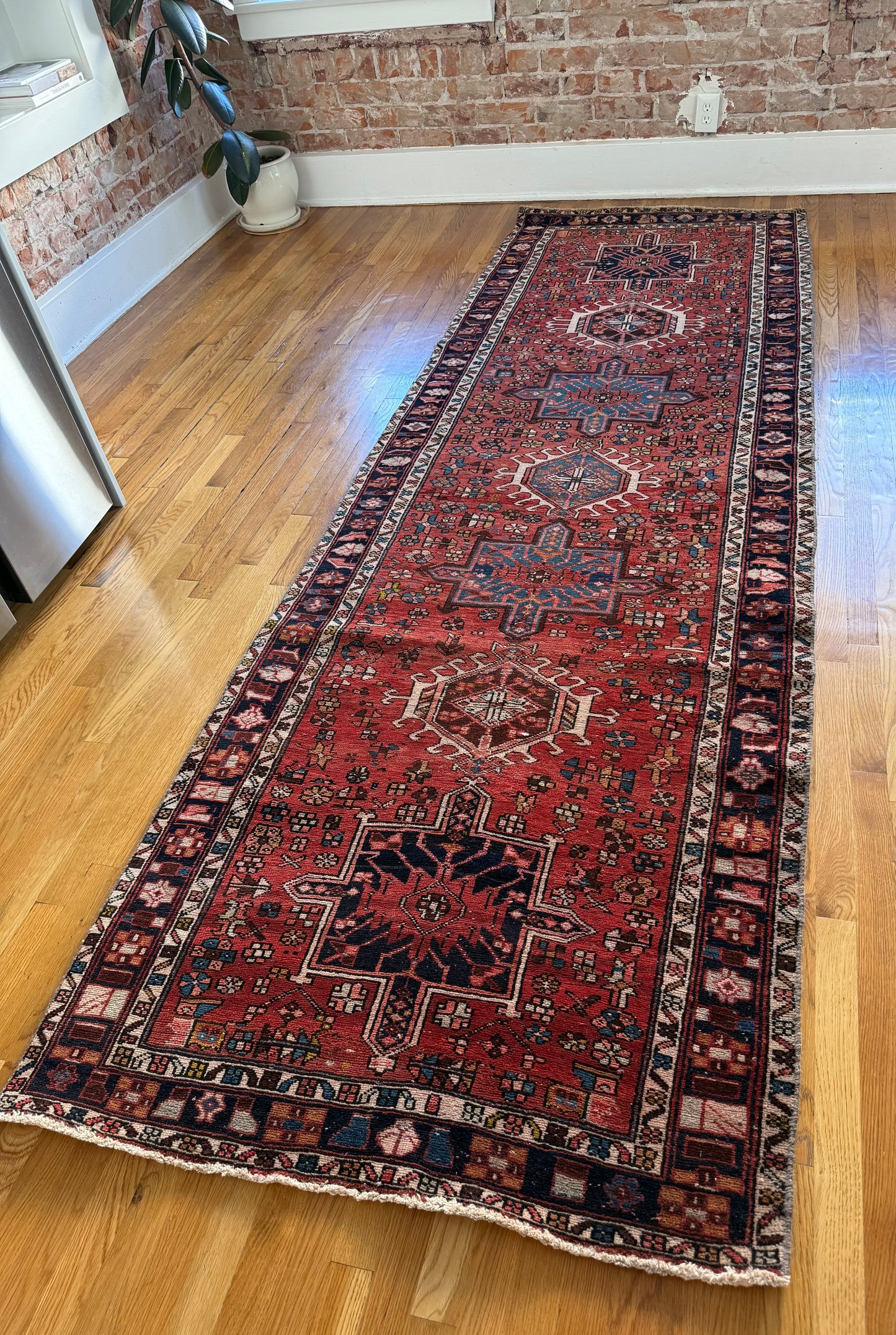 1056 | Heartbreaker Antique Karaja Runner with Sapphire Medallions & Lipstick Red Field | 3.9 x 11.1