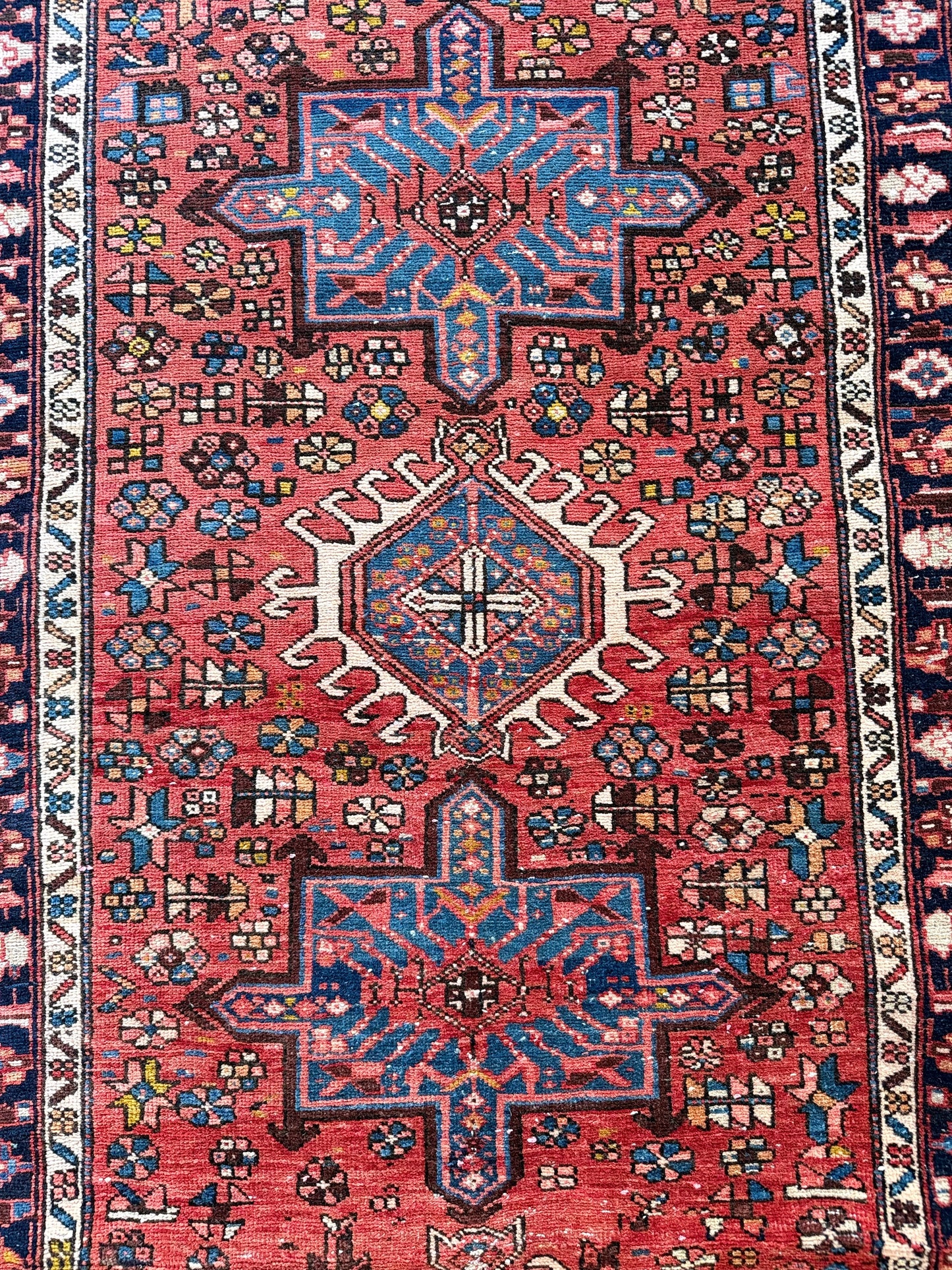 1056 | Heartbreaker Antique Karaja Runner with Sapphire Medallions & Lipstick Red Field | 3.9 x 11.1