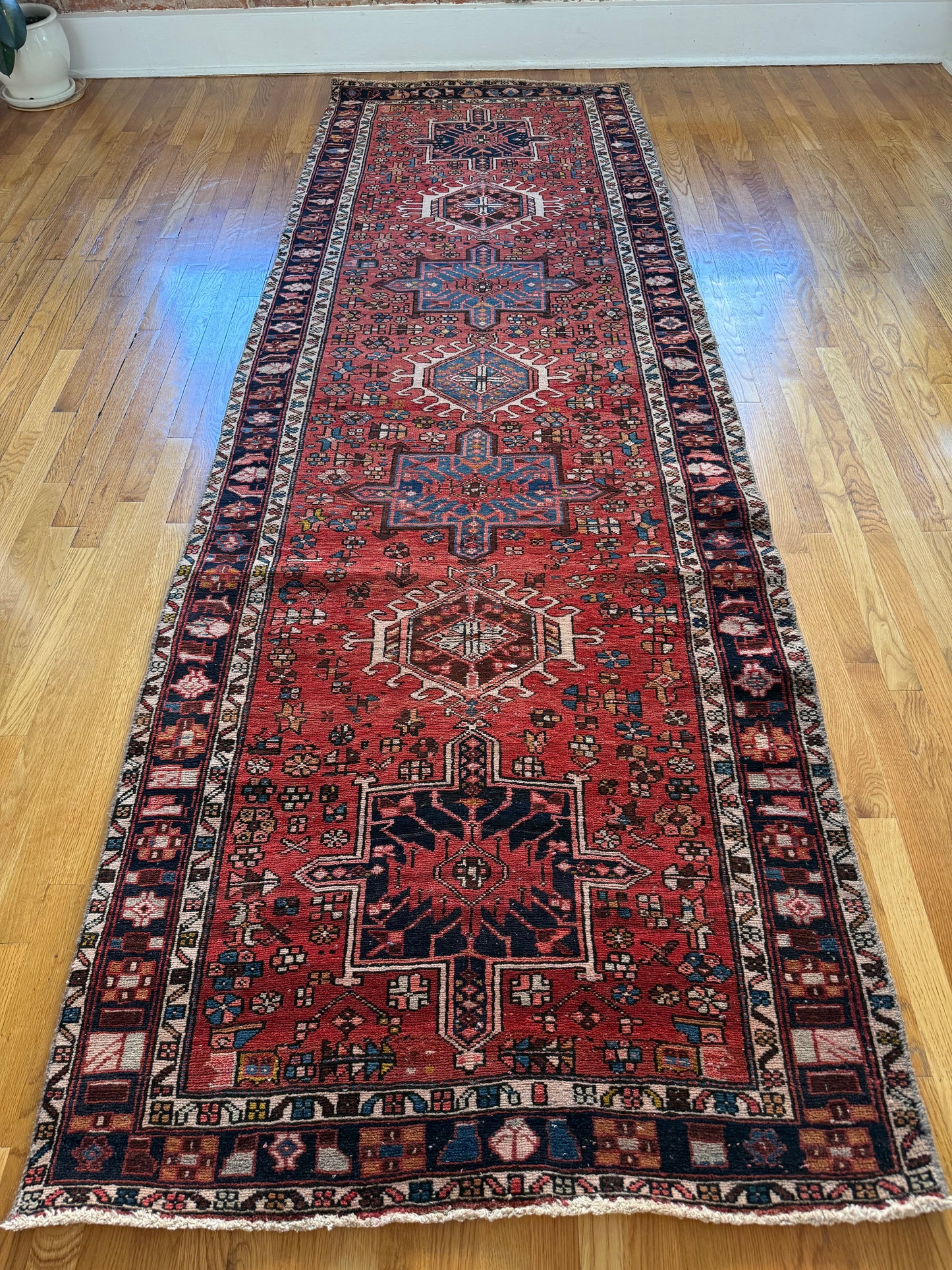 1056 | Heartbreaker Antique Karaja Runner with Sapphire Medallions & Lipstick Red Field | 3.9 x 11.1