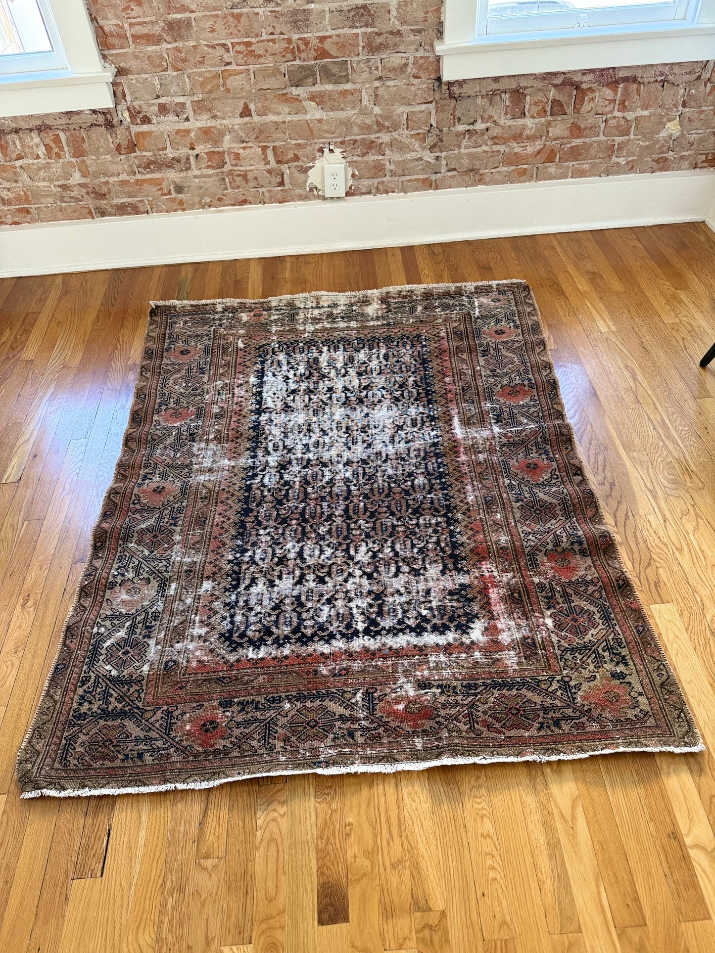 1057 | Antique Hamadan Rug with Ghosted Boteh Field & Dusty Rose Border | 4.6 x 5.10