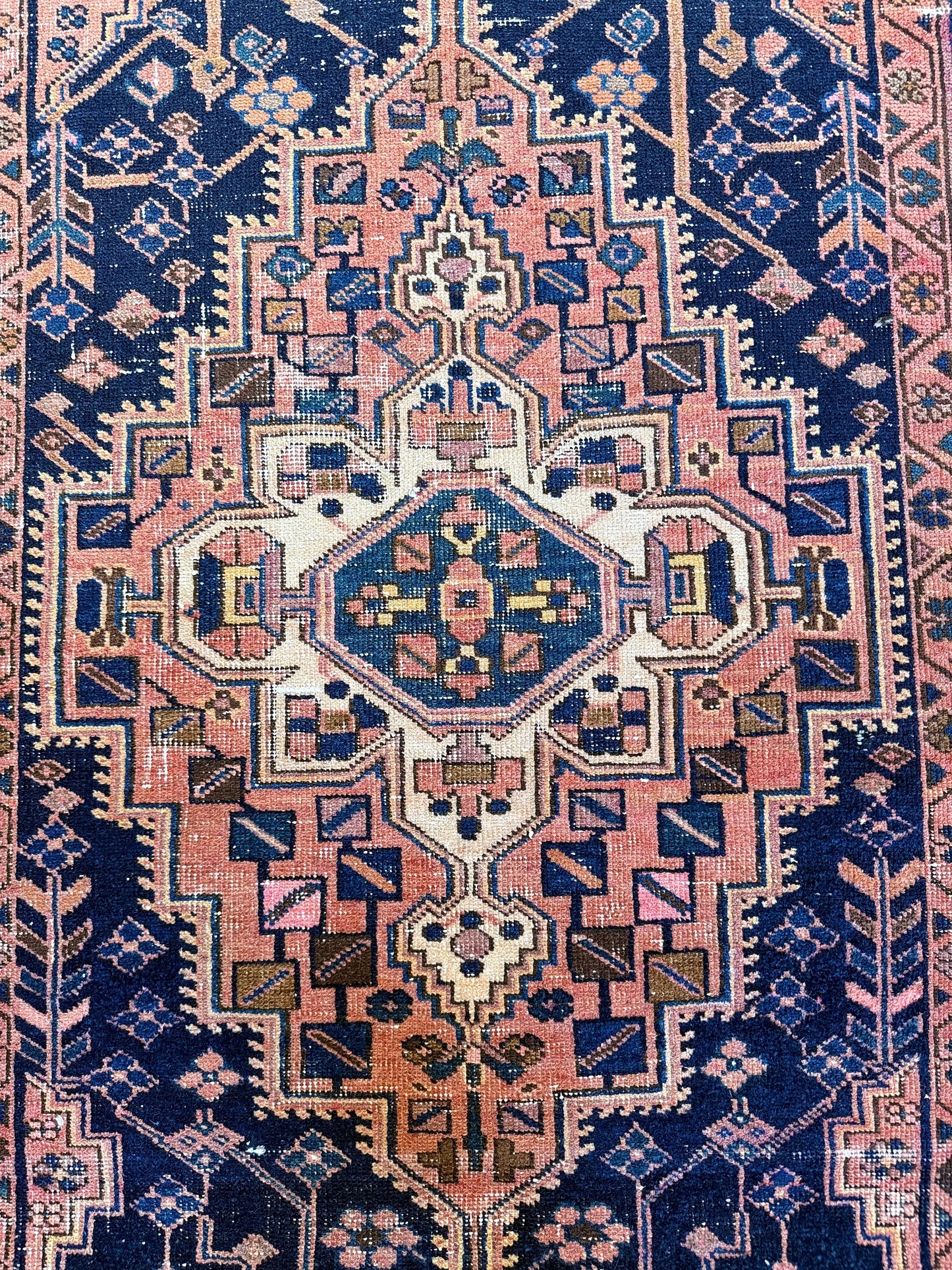 1059 | Bossy Antique Hamadan Runner with Midnight Field & Blush Medallion | 4.1 x 9.8
