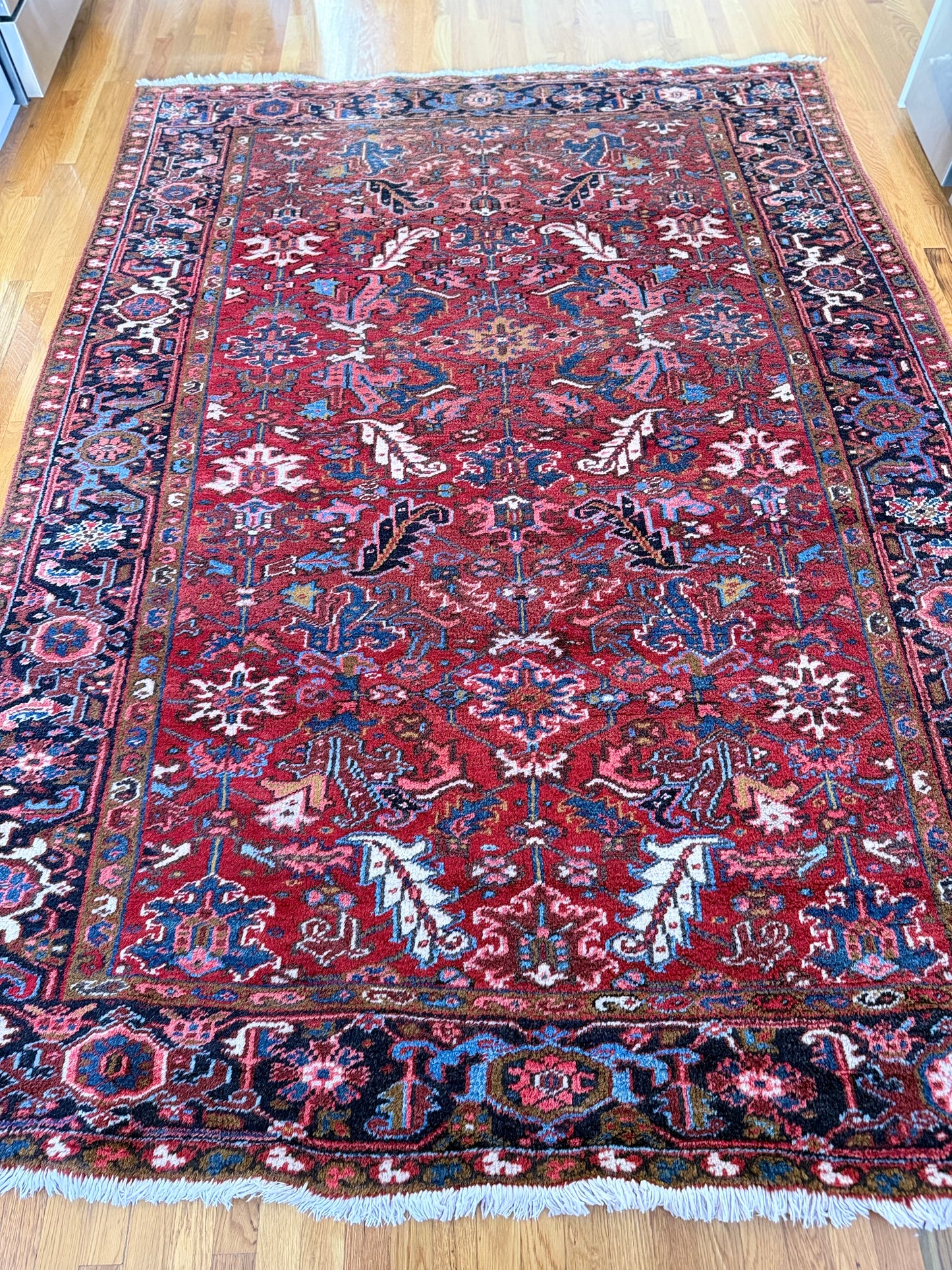 1060 | Unapologetic Antique Heriz Rug with Brick Red Field & Inky Border | 6.9 x 9.1