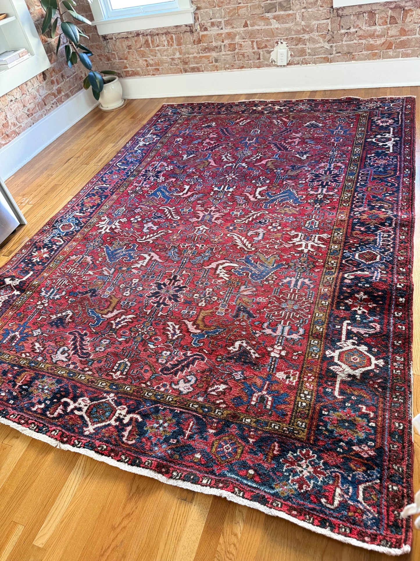 1062 | Red-Blooded Antique Heriz Rug with Navy Border & Wild Floral Field | 7.2 x 10.3