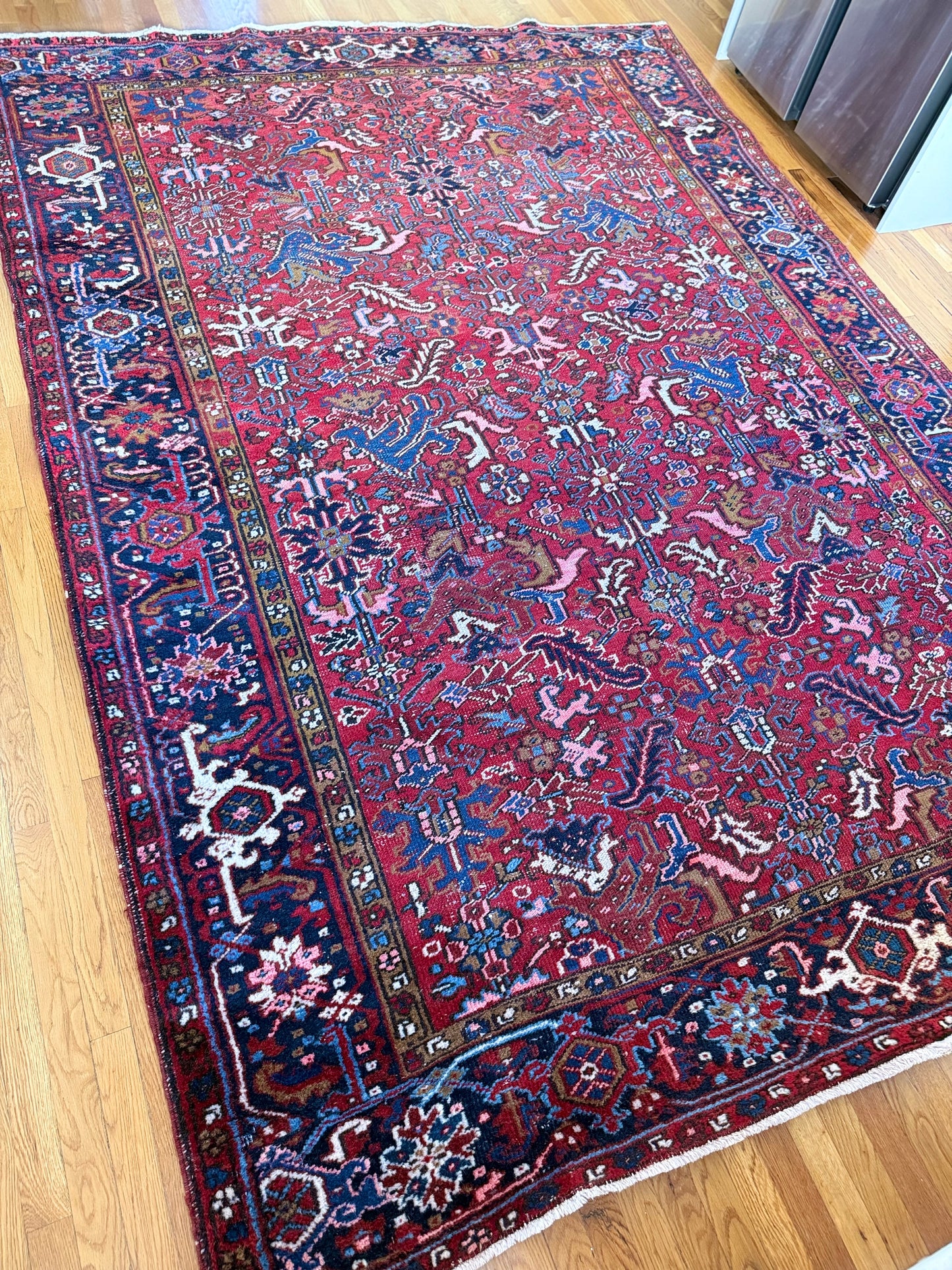 1062 | Red-Blooded Antique Heriz Rug with Navy Border & Wild Floral Field | 7.2 x 10.3