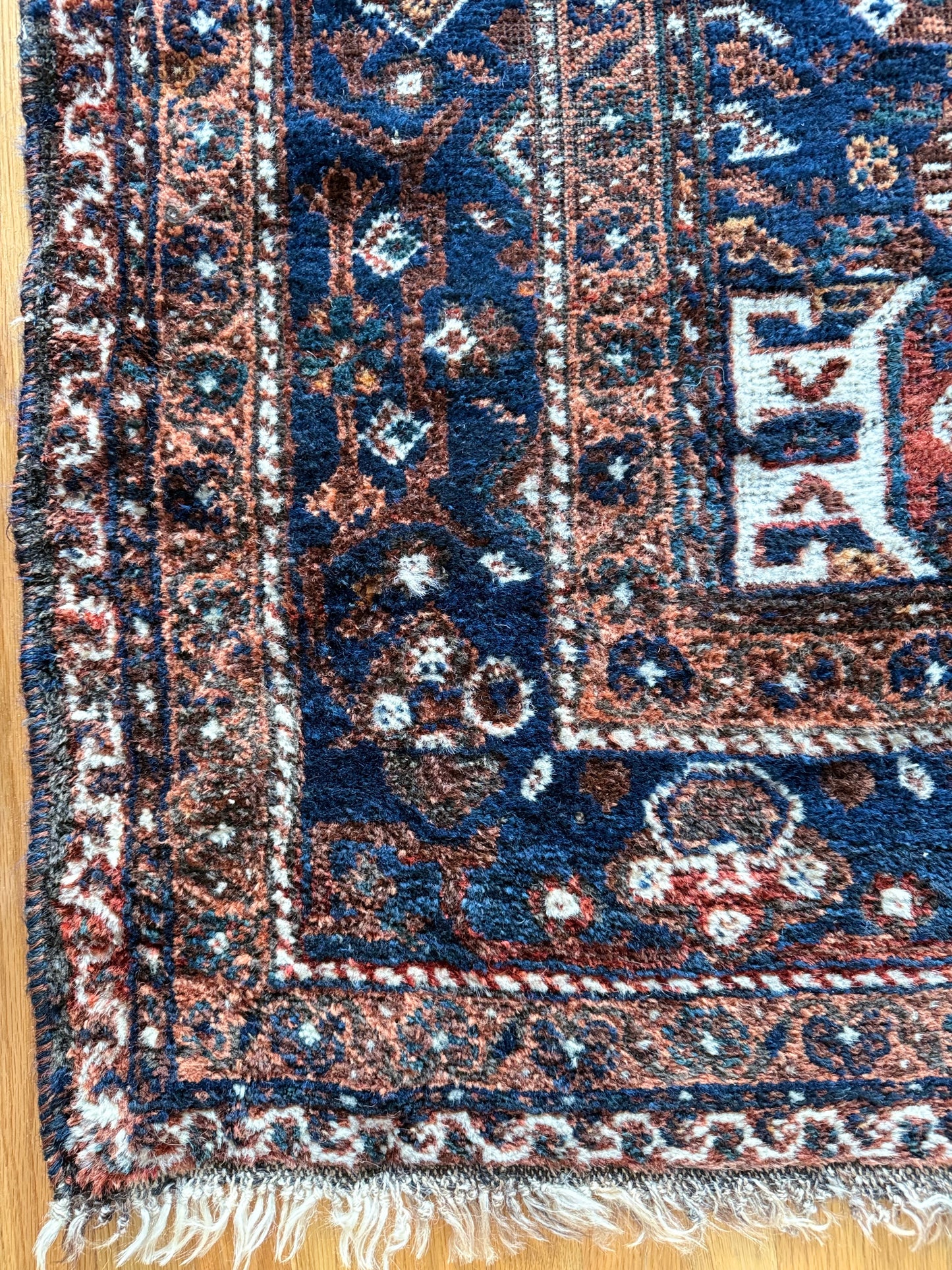 1063 | Smokeshow Antique Qashqai Rug with Burnt Wine Field & Midnight Border | 7.2 x 10.4