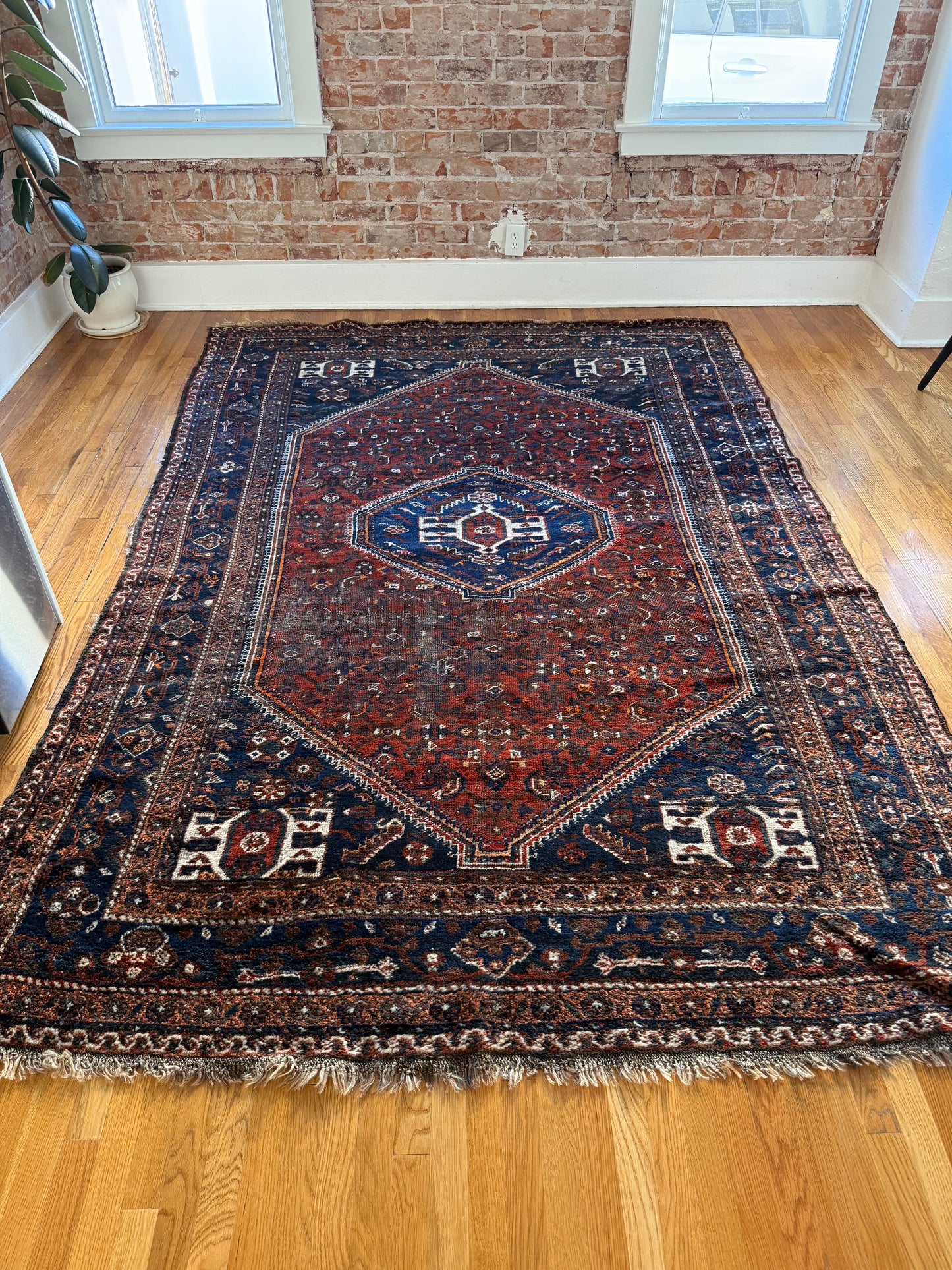 1063 | Smokeshow Antique Qashqai Rug with Burnt Wine Field & Midnight Border | 7.2 x 10.4
