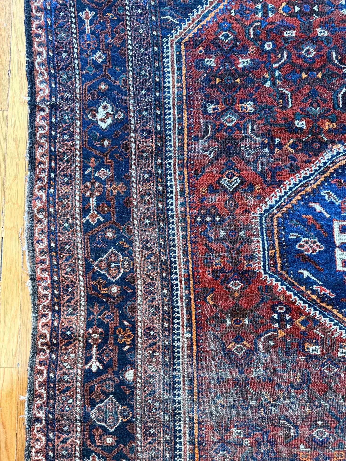 1063 | Smokeshow Antique Qashqai Rug with Burnt Wine Field & Midnight Border | 7.2 x 10.4